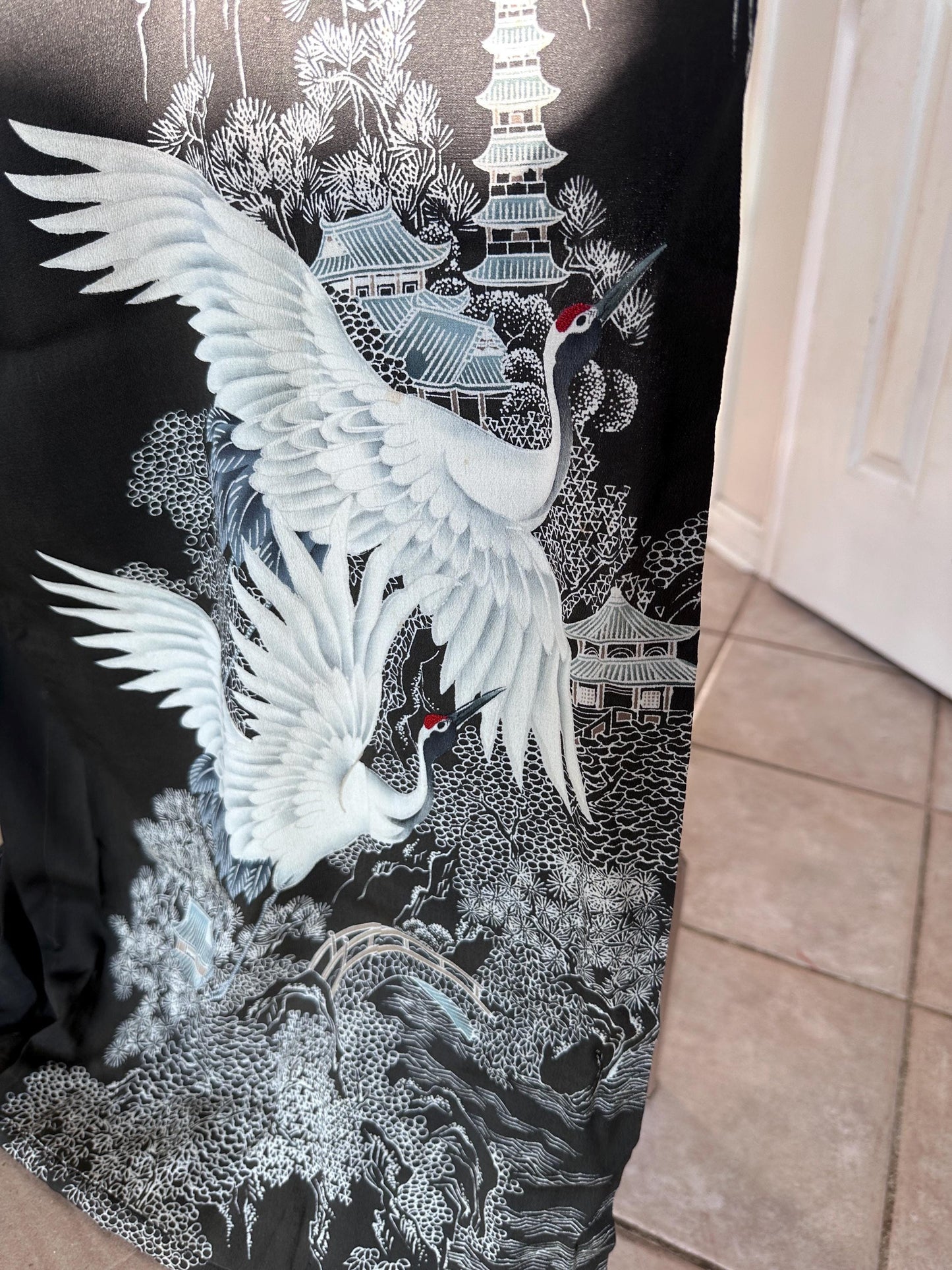 Antique to Vintage Japanese Black Silk Furisode Kimono with Red Silk Obi | Embroidered White Crane Design | Traditional Japanese Silk Robe |