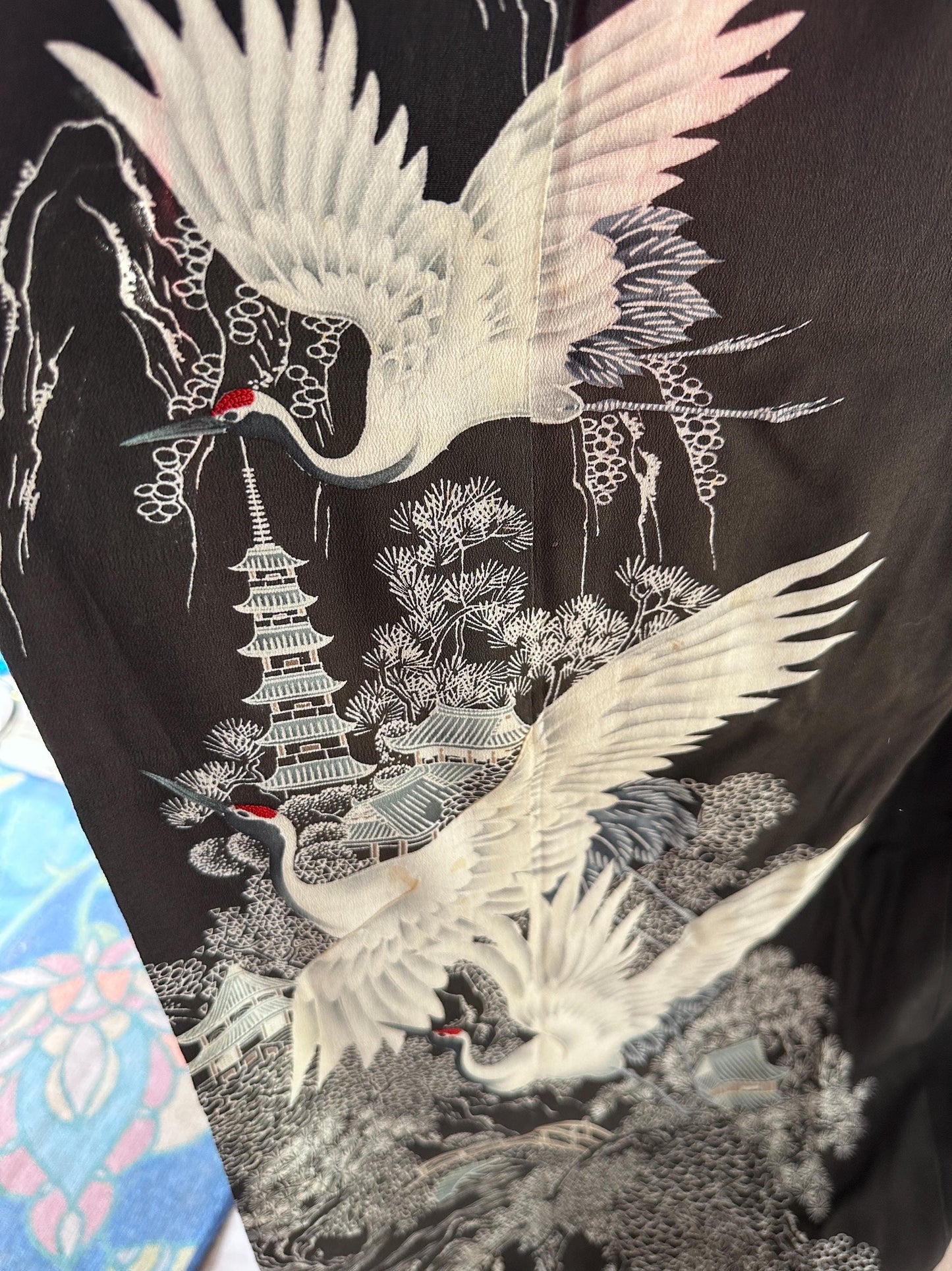 Antique to Vintage Japanese Black Silk Furisode Kimono with Red Silk Obi | Embroidered White Crane Design | Traditional Japanese Silk Robe |