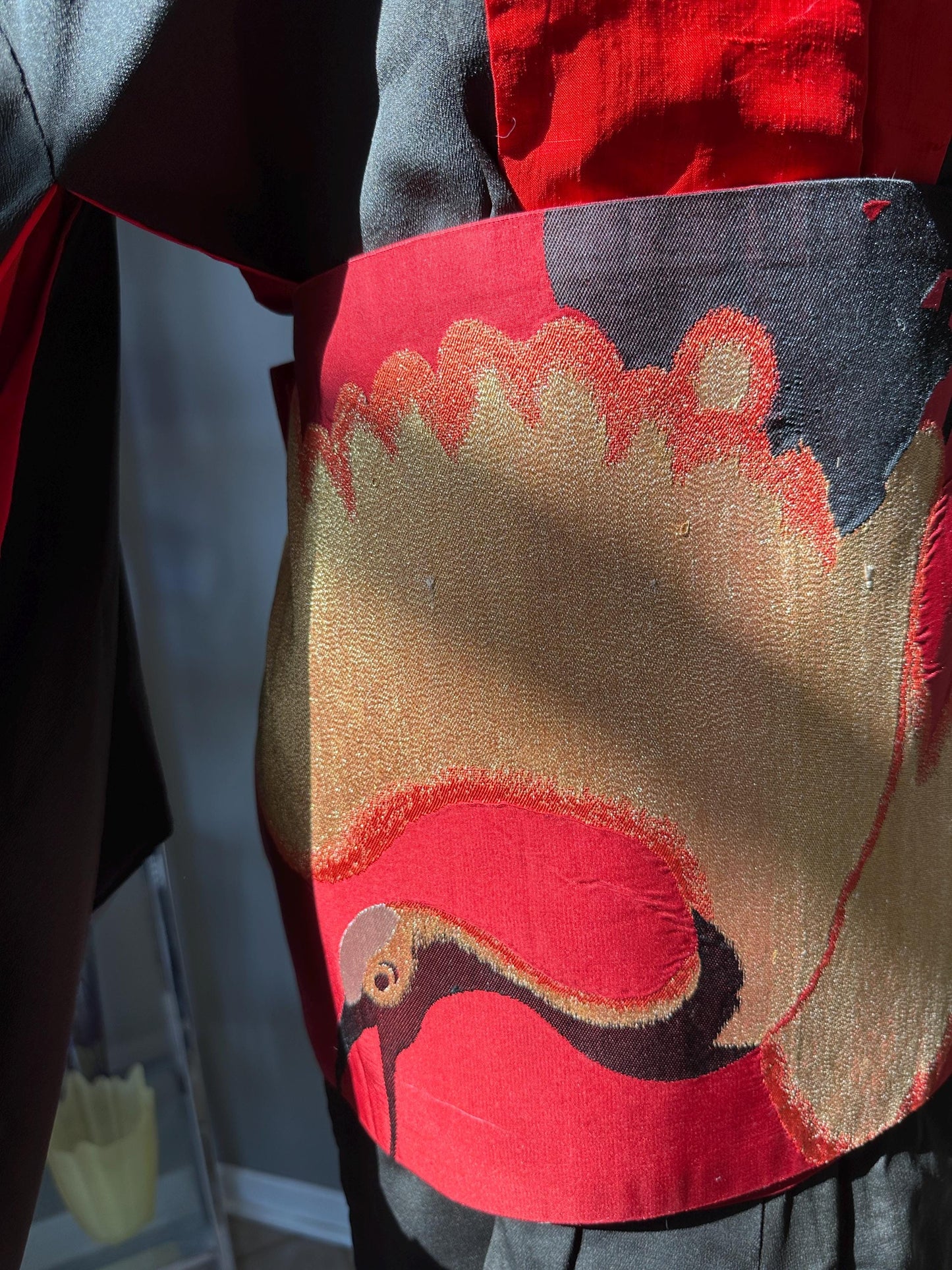 Antique to Vintage Japanese Black Silk Furisode Kimono with Red Silk Obi | Embroidered White Crane Design | Traditional Japanese Silk Robe |