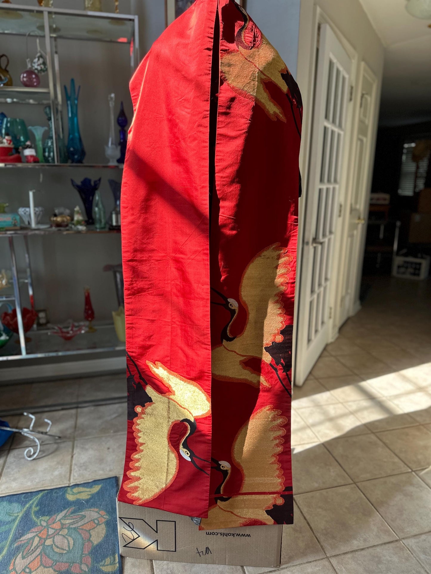 Antique to Vintage Japanese Black Silk Furisode Kimono with Red Silk Obi | Embroidered White Crane Design | Traditional Japanese Silk Robe |