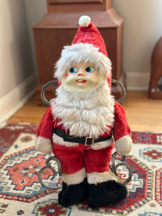 Vintage Plush Santa Claus | Plastic Face Stuffed Doll Fuzzy Fur | Side Eye Santa Christmas 17”