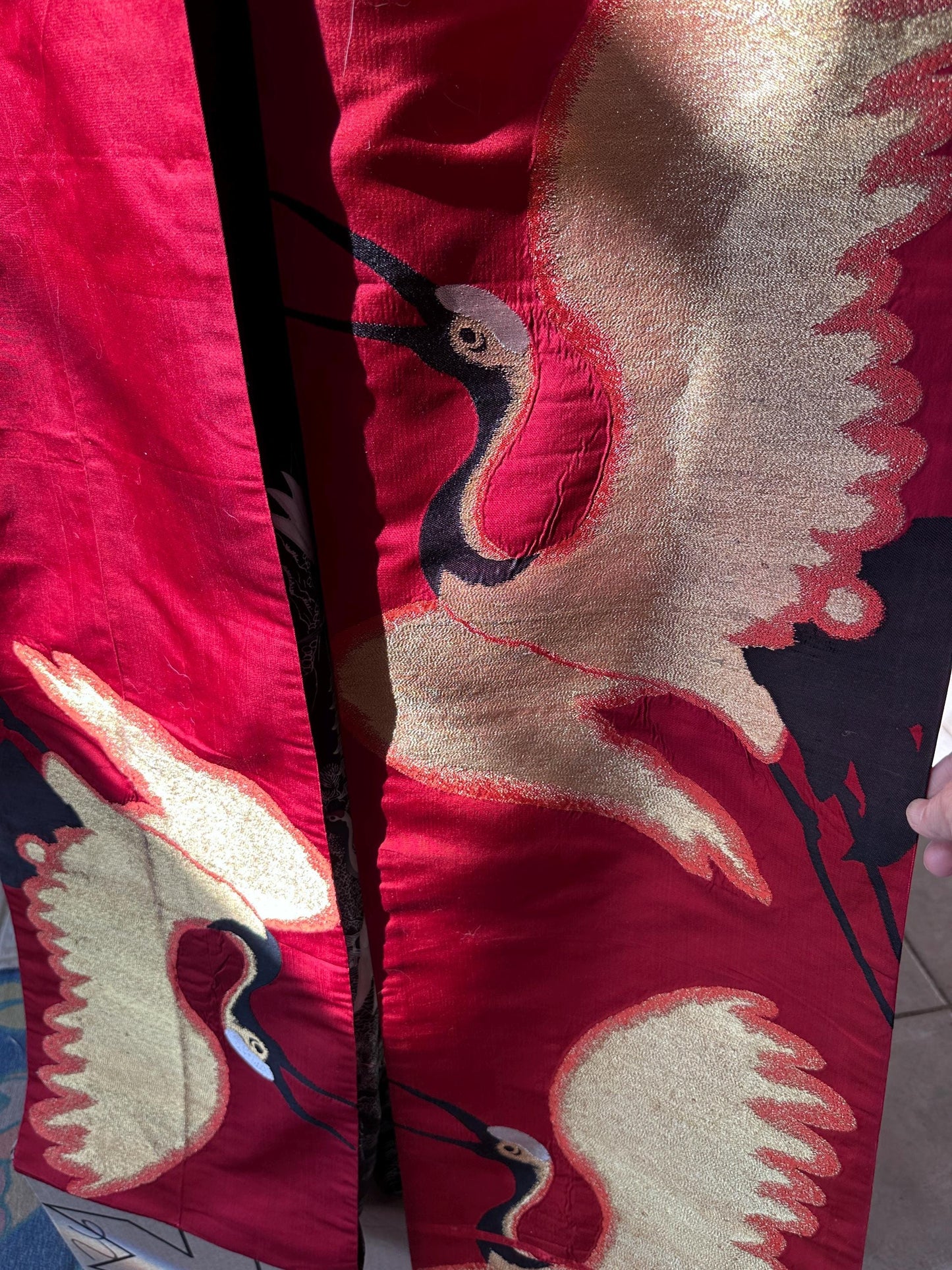 Antique to Vintage Japanese Black Silk Furisode Kimono with Red Silk Obi | Embroidered White Crane Design | Traditional Japanese Silk Robe |