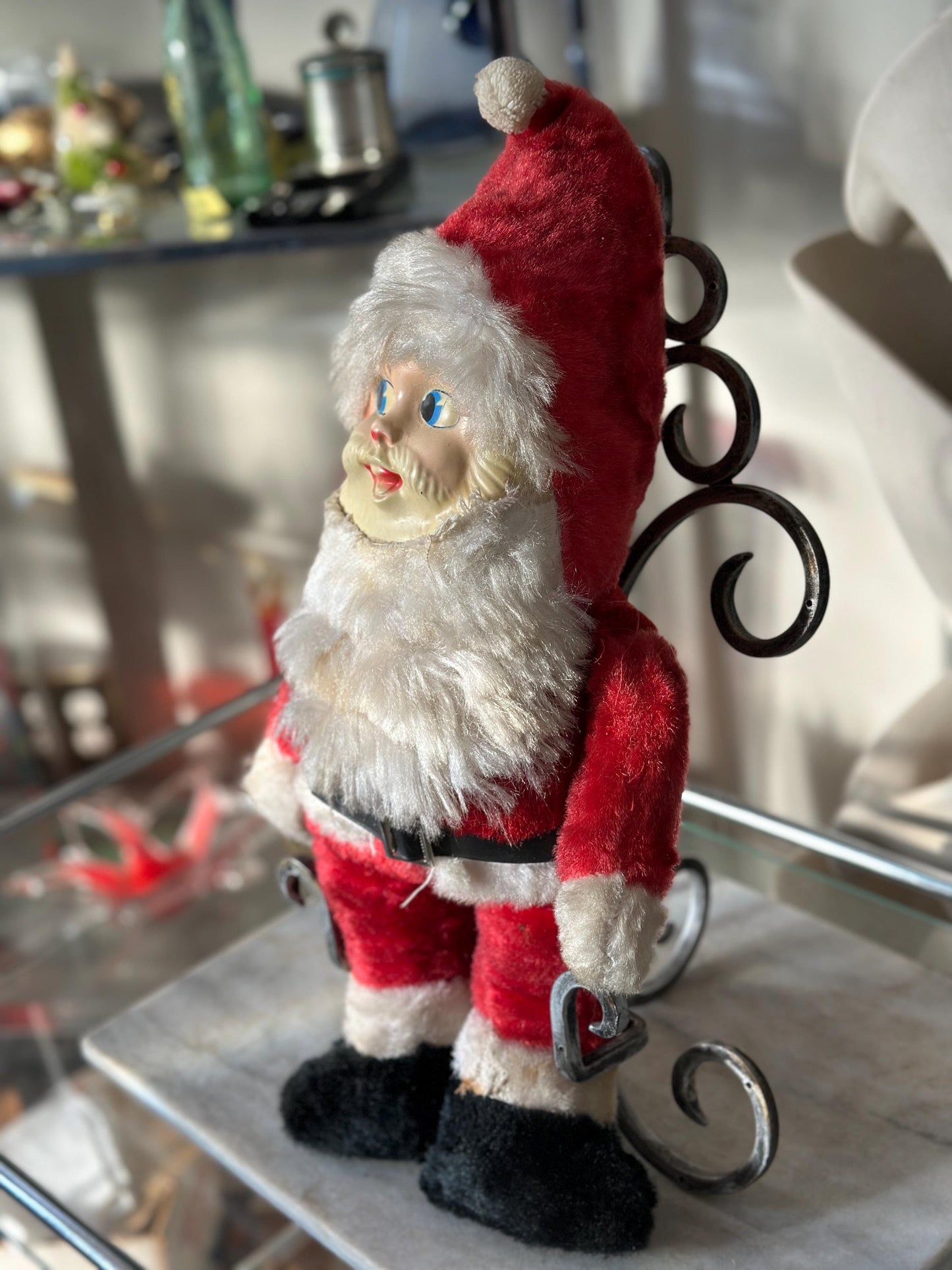 Vintage Plush Santa Claus | Plastic Face Stuffed Doll Fuzzy Fur | Side Eye Santa Christmas 17”