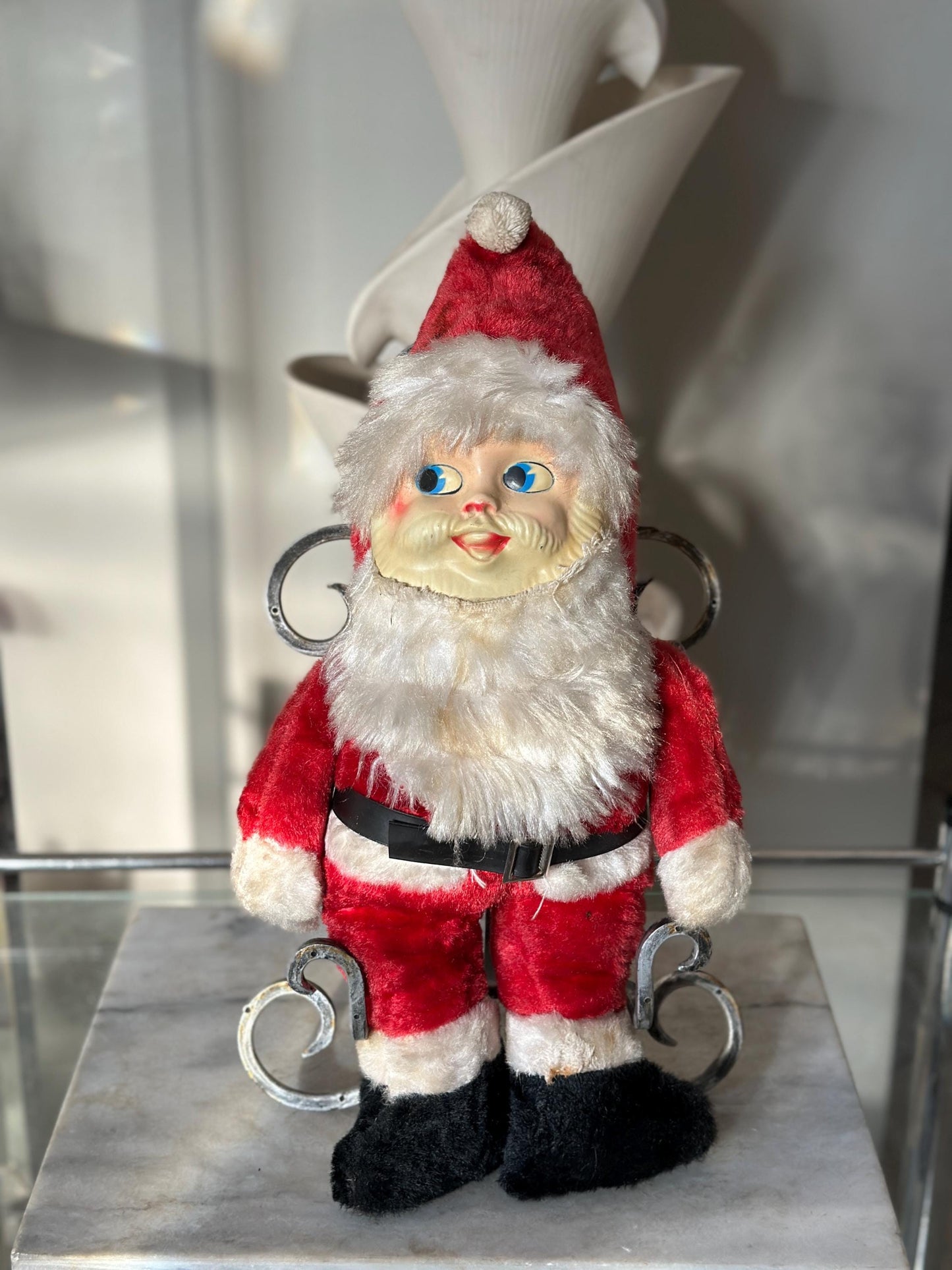 Vintage Plush Santa Claus | Plastic Face Stuffed Doll Fuzzy Fur | Side Eye Santa Christmas 17”