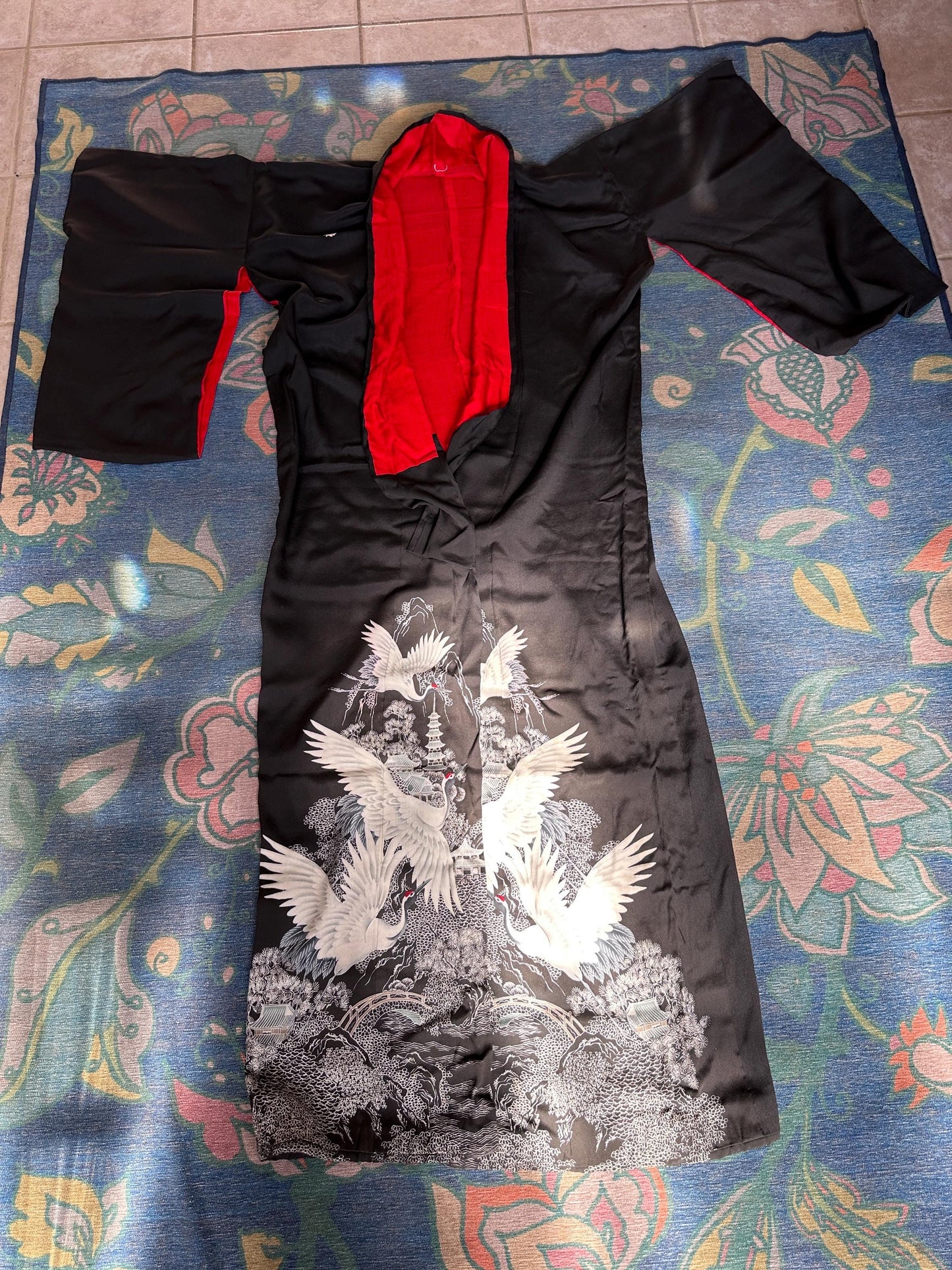 Antique to Vintage Japanese Black Silk Furisode Kimono with Red Silk Obi | Embroidered White Crane Design | Traditional Japanese Silk Robe |