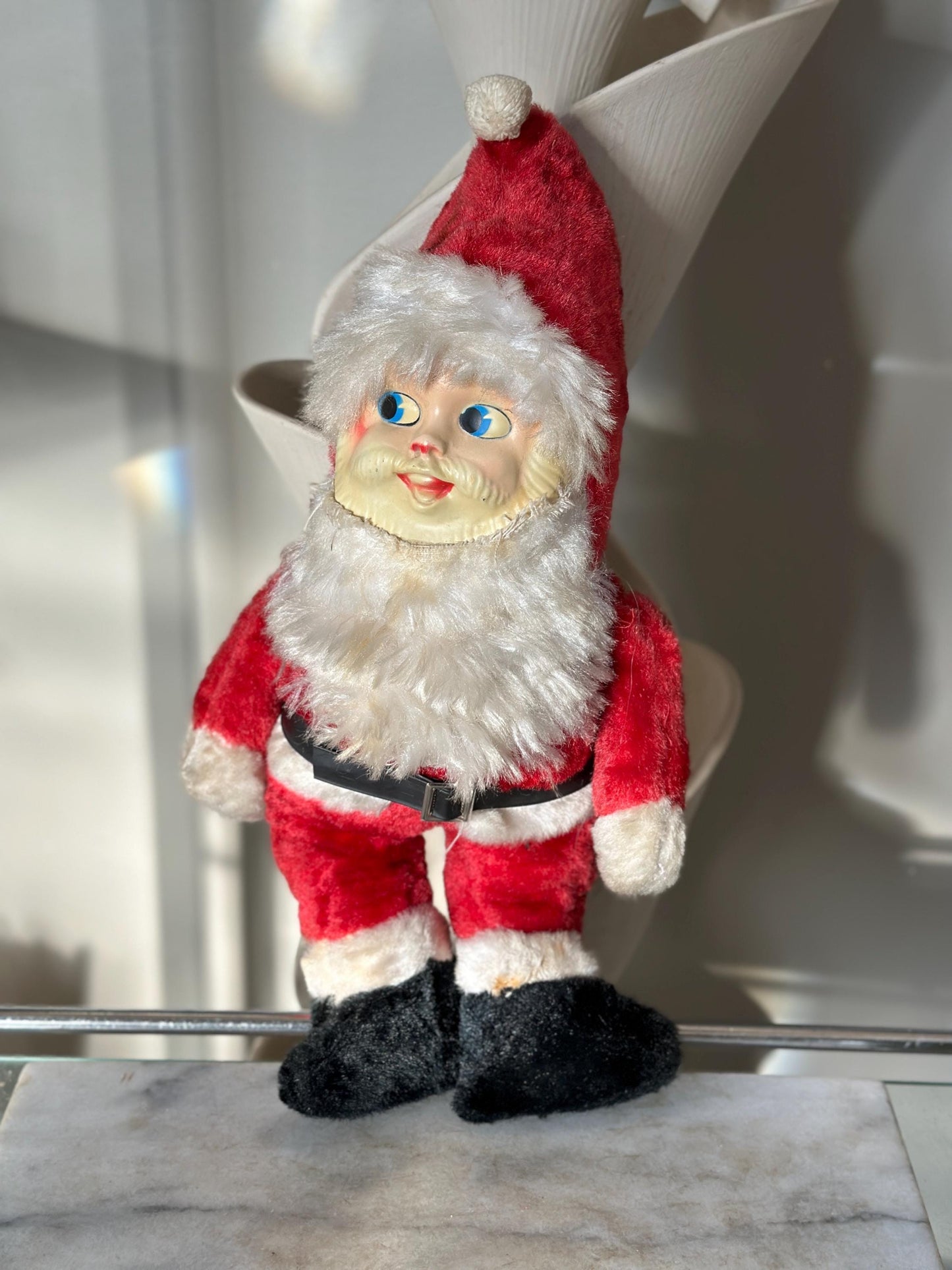 Vintage Plush Santa Claus | Plastic Face Stuffed Doll Fuzzy Fur | Side Eye Santa Christmas 17”