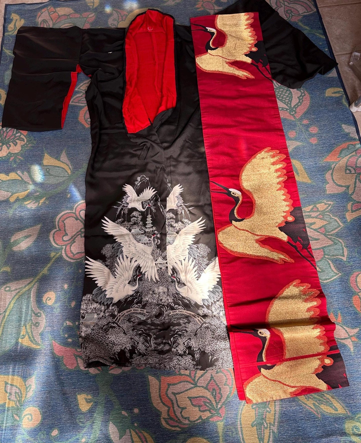 Antique to Vintage Japanese Black Silk Furisode Kimono with Red Silk Obi | Embroidered White Crane Design | Traditional Japanese Silk Robe |