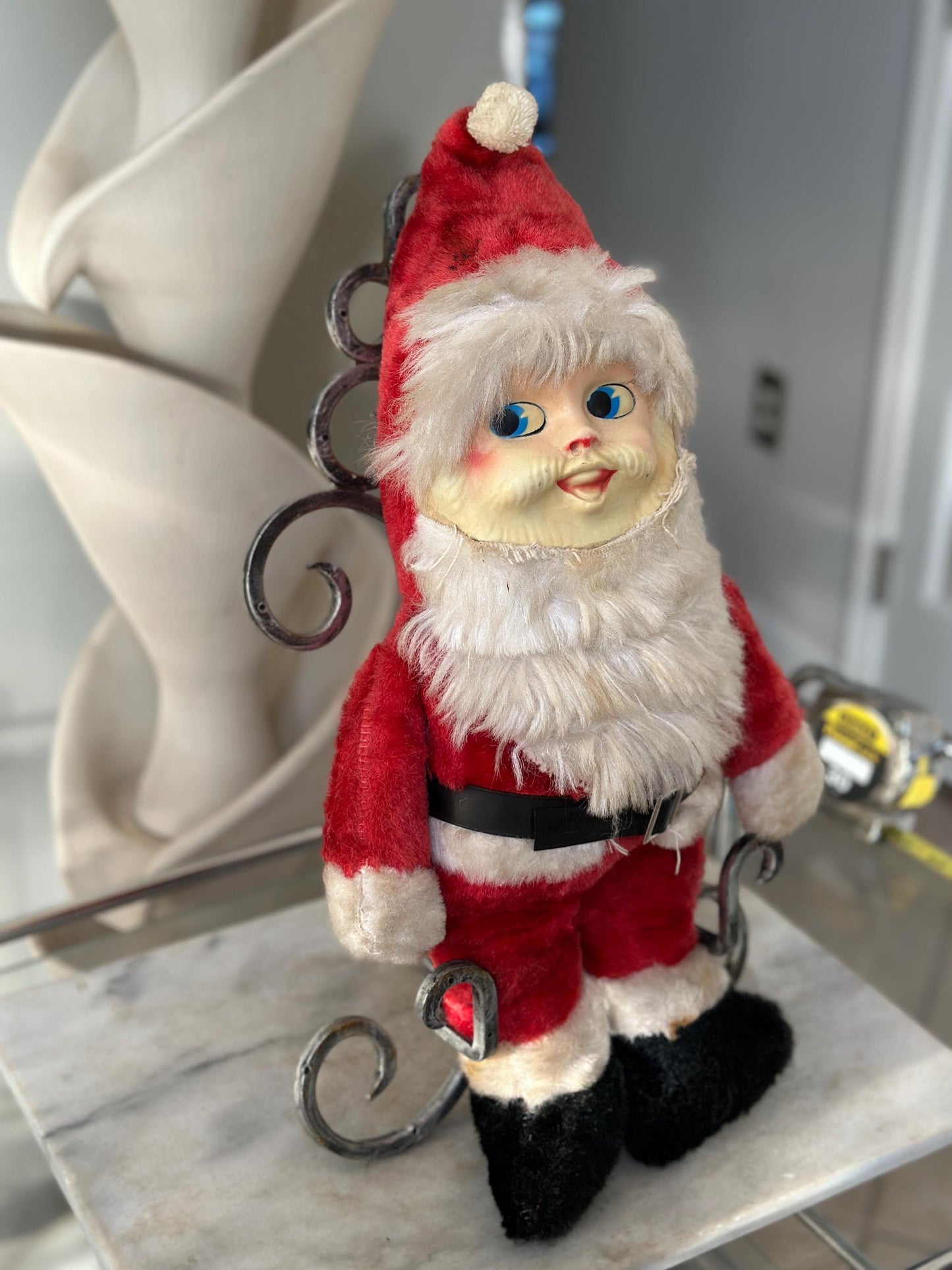 Vintage Plush Santa Claus | Plastic Face Stuffed Doll Fuzzy Fur | Side Eye Santa Christmas 17”