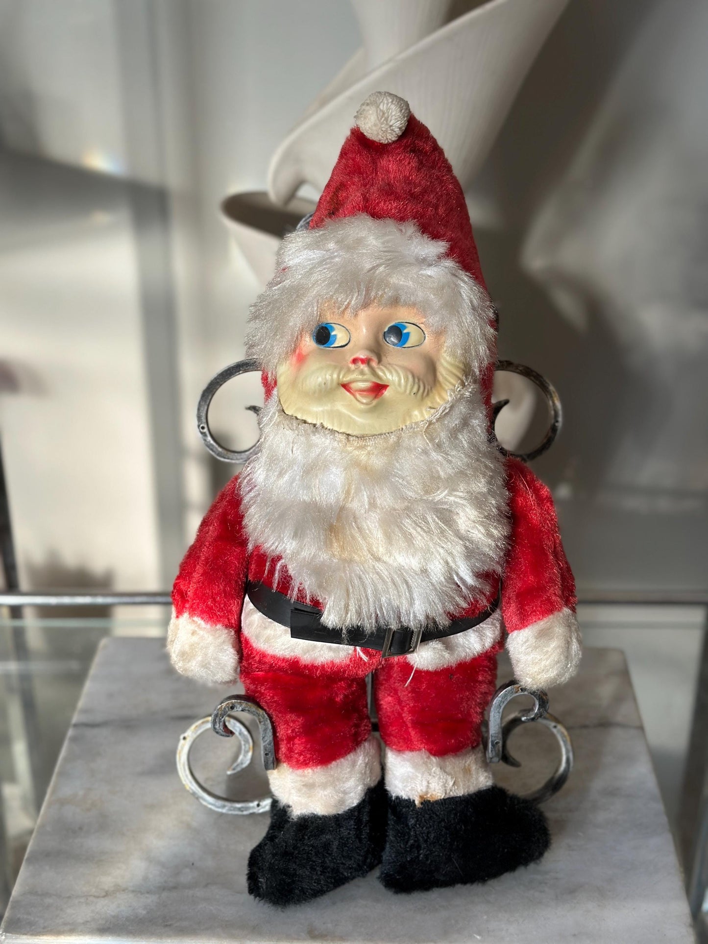 Vintage Plush Santa Claus | Plastic Face Stuffed Doll Fuzzy Fur | Side Eye Santa Christmas 17”