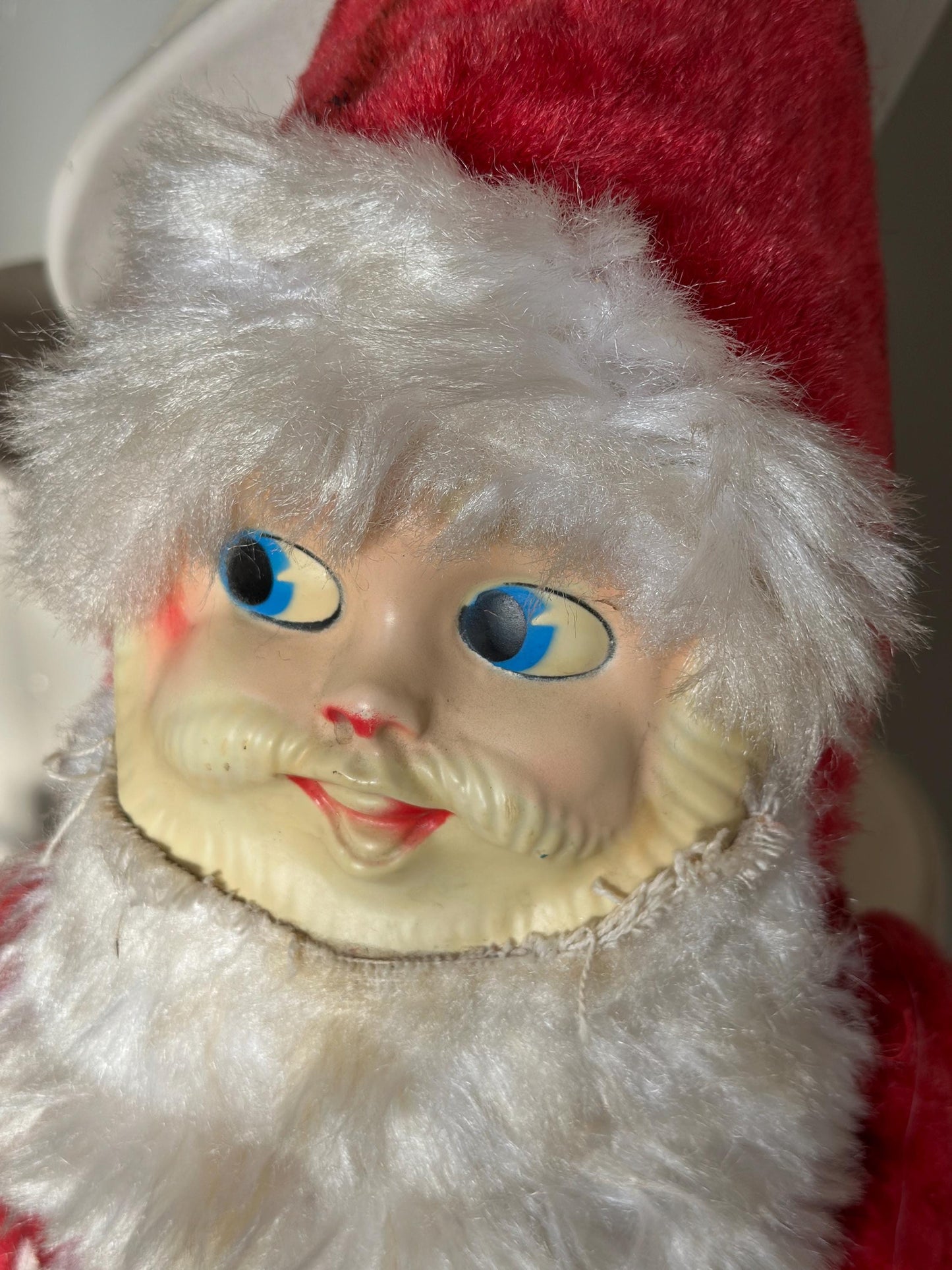 Vintage Plush Santa Claus | Plastic Face Stuffed Doll Fuzzy Fur | Side Eye Santa Christmas 17”