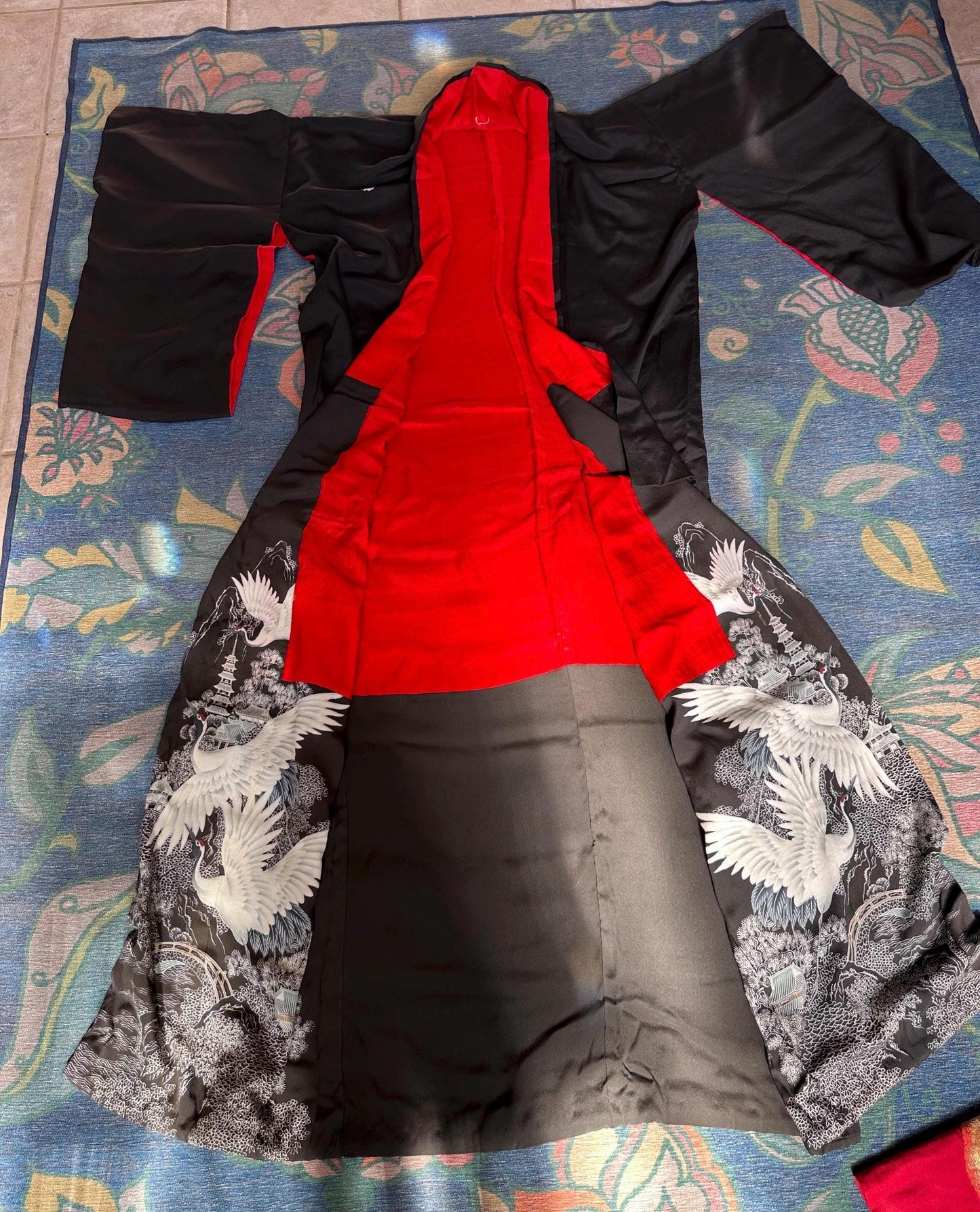 Antique to Vintage Japanese Black Silk Furisode Kimono with Red Silk Obi | Embroidered White Crane Design | Traditional Japanese Silk Robe |