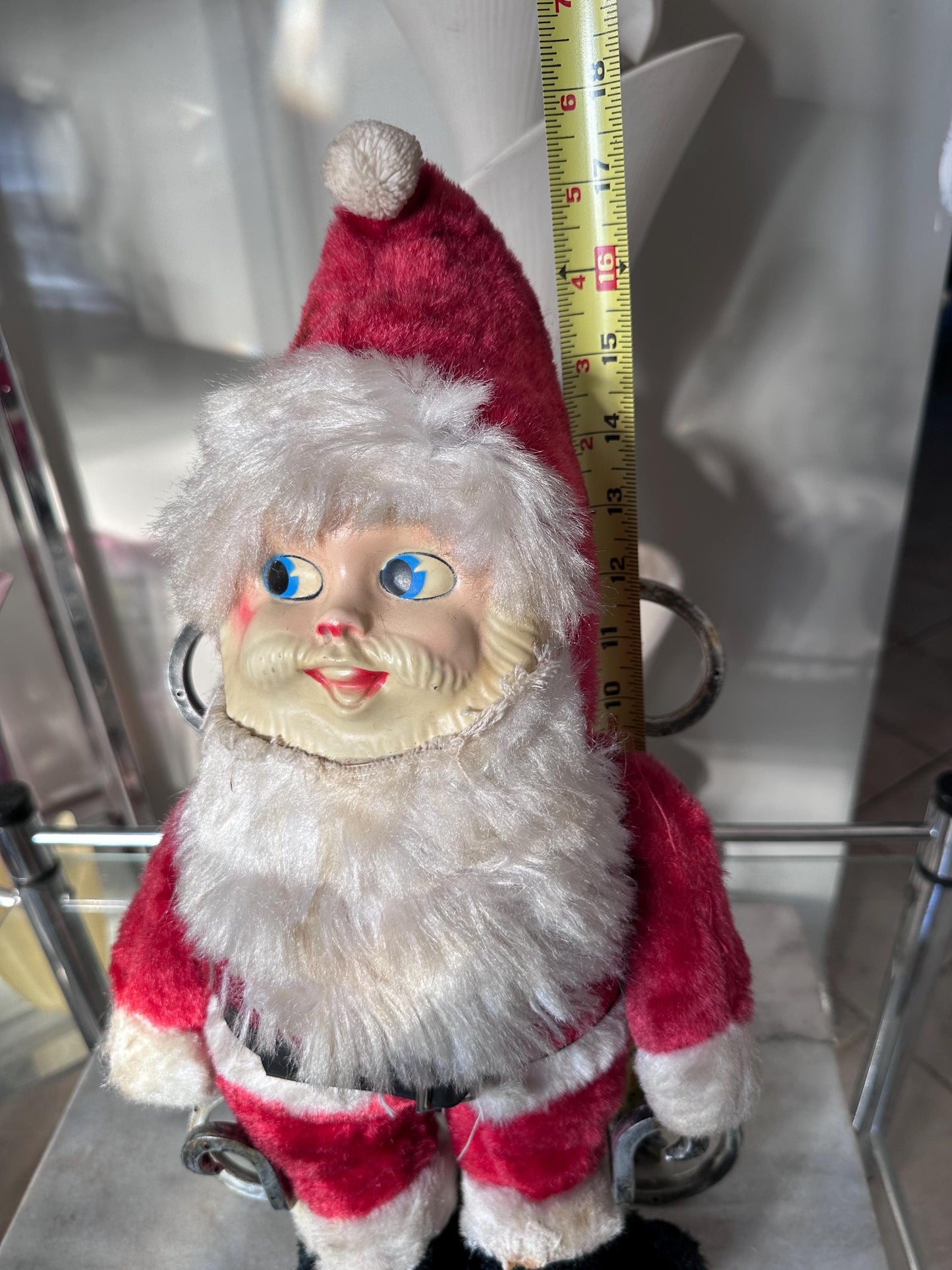 Vintage Plush Santa Claus | Plastic Face Stuffed Doll Fuzzy Fur | Side Eye Santa Christmas 17”
