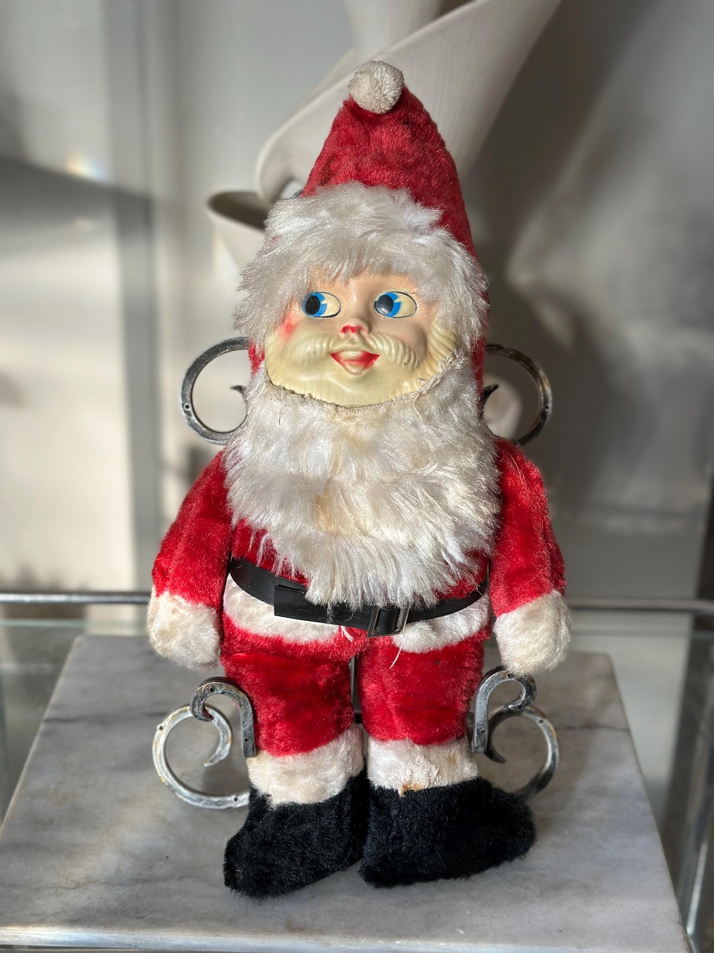 Vintage Plush Santa Claus | Plastic Face Stuffed Doll Fuzzy Fur | Side Eye Santa Christmas 17”