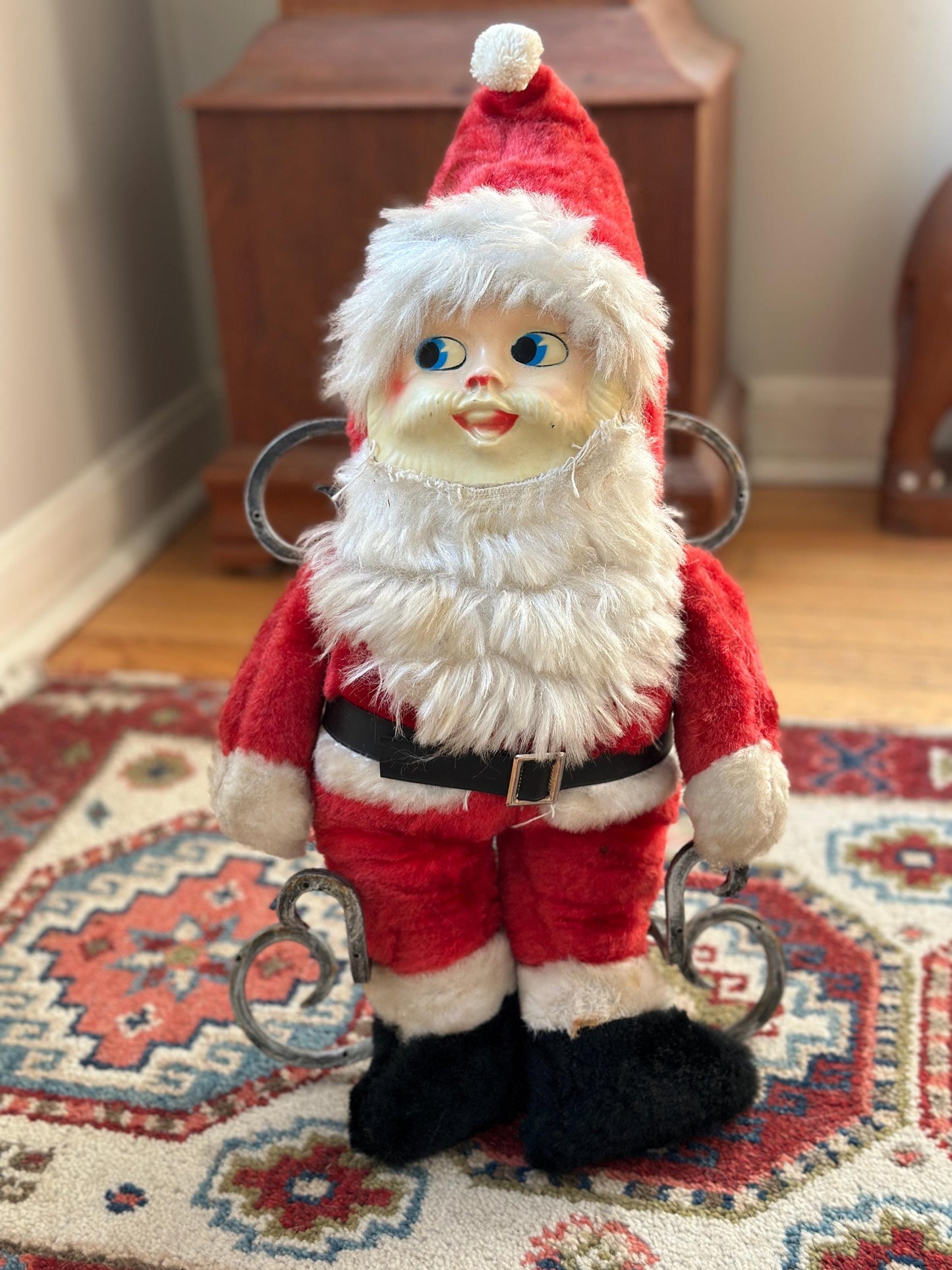 Vintage Plush Santa Claus | Plastic Face Stuffed Doll Fuzzy Fur | Side Eye Santa Christmas 17”