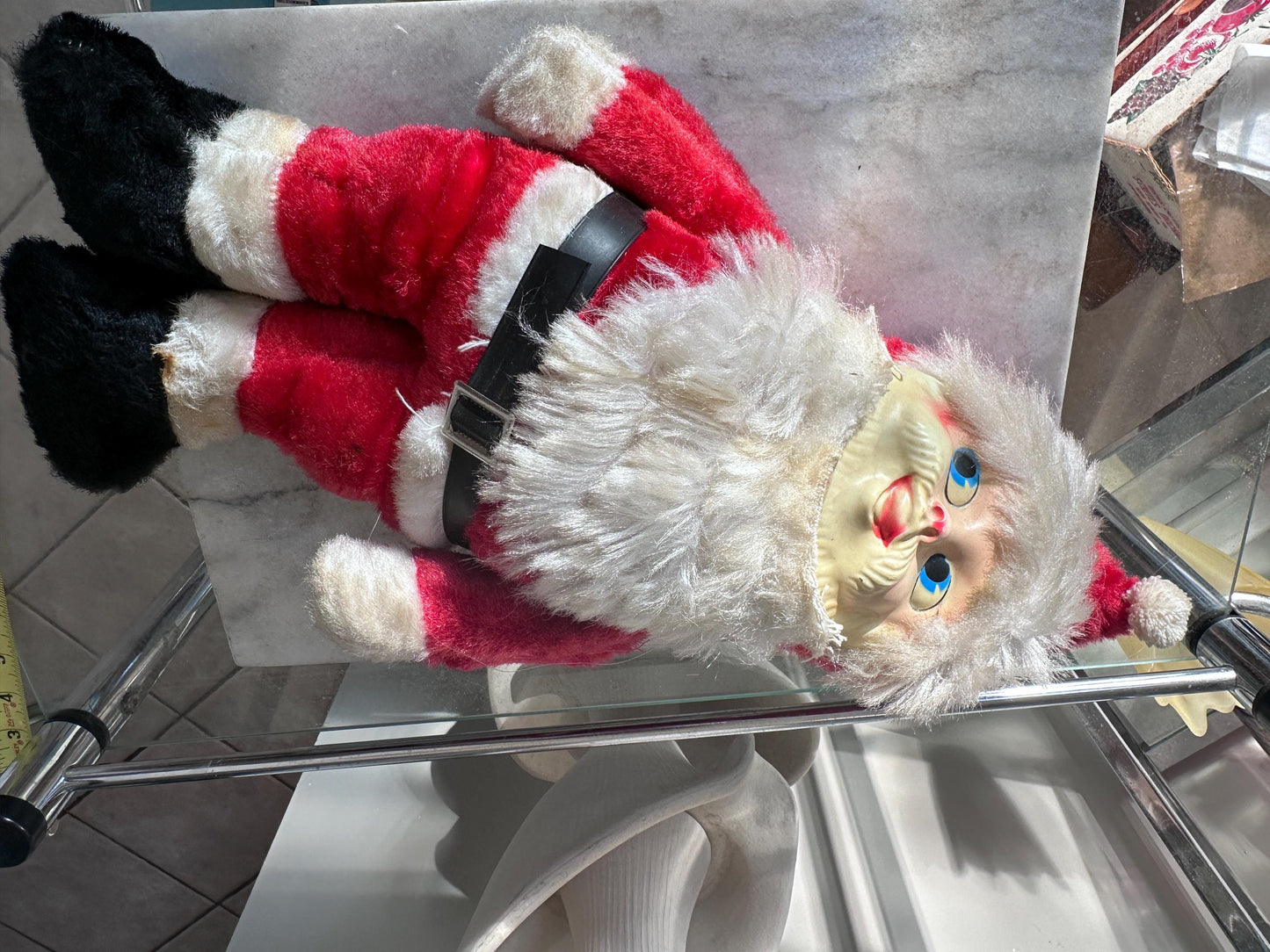 Vintage Plush Santa Claus | Plastic Face Stuffed Doll Fuzzy Fur | Side Eye Santa Christmas 17”