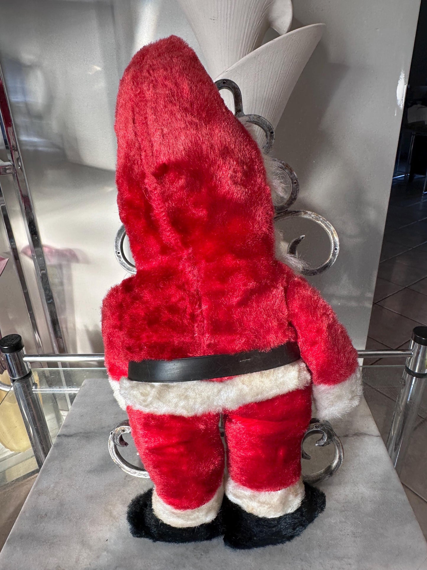Vintage Plush Santa Claus | Plastic Face Stuffed Doll Fuzzy Fur | Side Eye Santa Christmas 17”