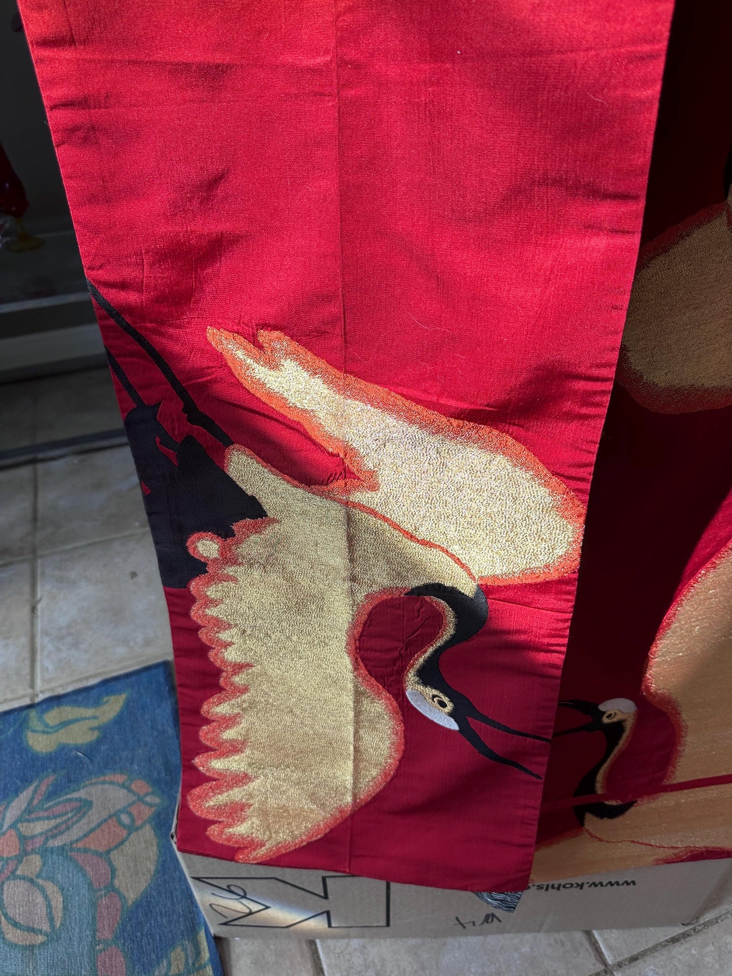 Antique to Vintage Japanese Black Silk Furisode Kimono with Red Silk Obi | Embroidered White Crane Design | Traditional Japanese Silk Robe |