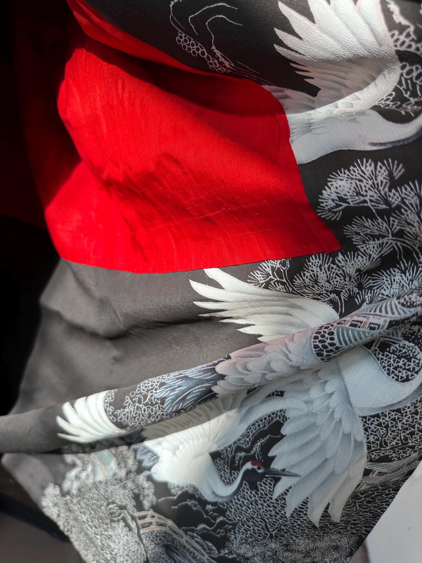 Antique to Vintage Japanese Black Silk Furisode Kimono with Red Silk Obi | Embroidered White Crane Design | Traditional Japanese Silk Robe |