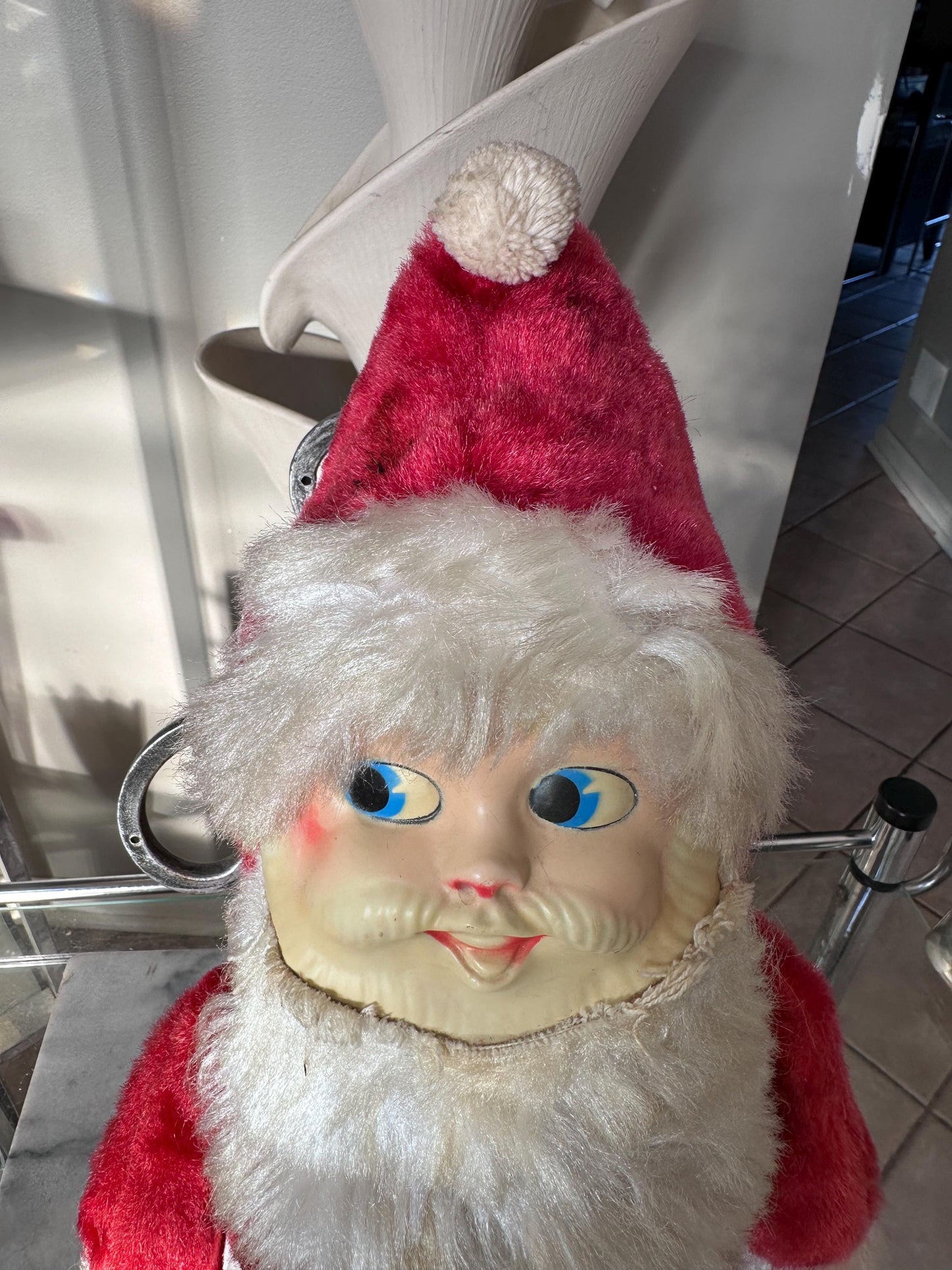 Vintage Plush Santa Claus | Plastic Face Stuffed Doll Fuzzy Fur | Side Eye Santa Christmas 17”