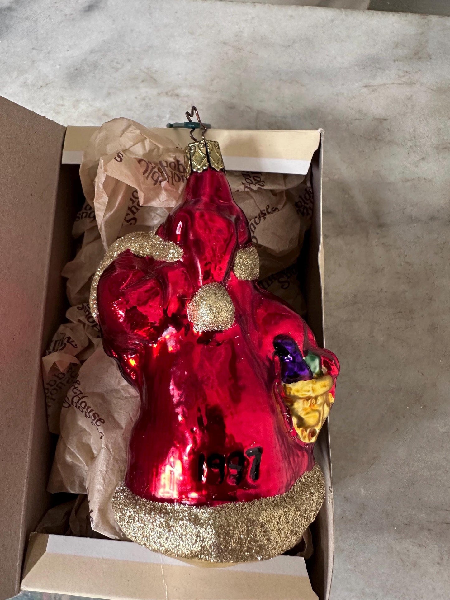 Inge-Glas 1997 Merry Christmas Santa Bell Ornament | Hand-Blown German Glass w/ Clapper | Original Tag & Box | Holiday Collectible