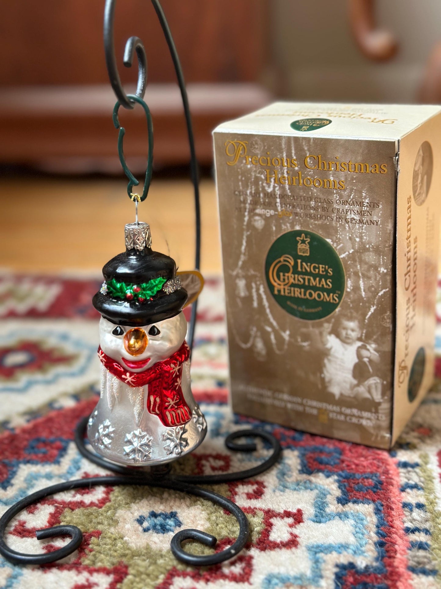 Inge-Glas 2002 Merry Christmas Snowman Bell Ornament | Hand-Blown German Glass w/ Clapper | Original Tag & Box | Holiday Collectible
