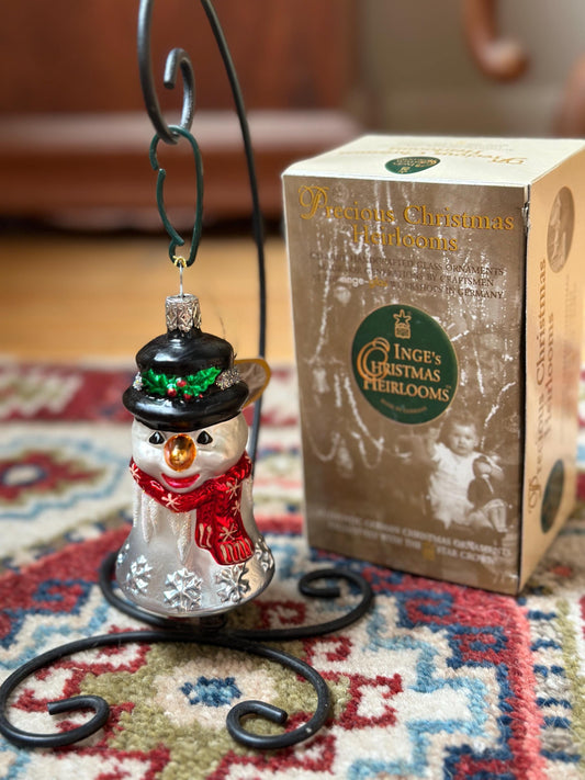 Inge-Glas 2002 Merry Christmas Snowman Bell Ornament | Hand-Blown German Glass w/ Clapper | Original Tag & Box | Holiday Collectible