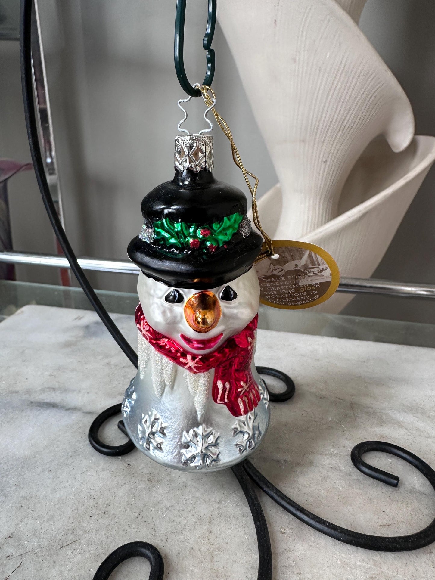 Inge-Glas 2002 Merry Christmas Snowman Bell Ornament | Hand-Blown German Glass w/ Clapper | Original Tag & Box | Holiday Collectible