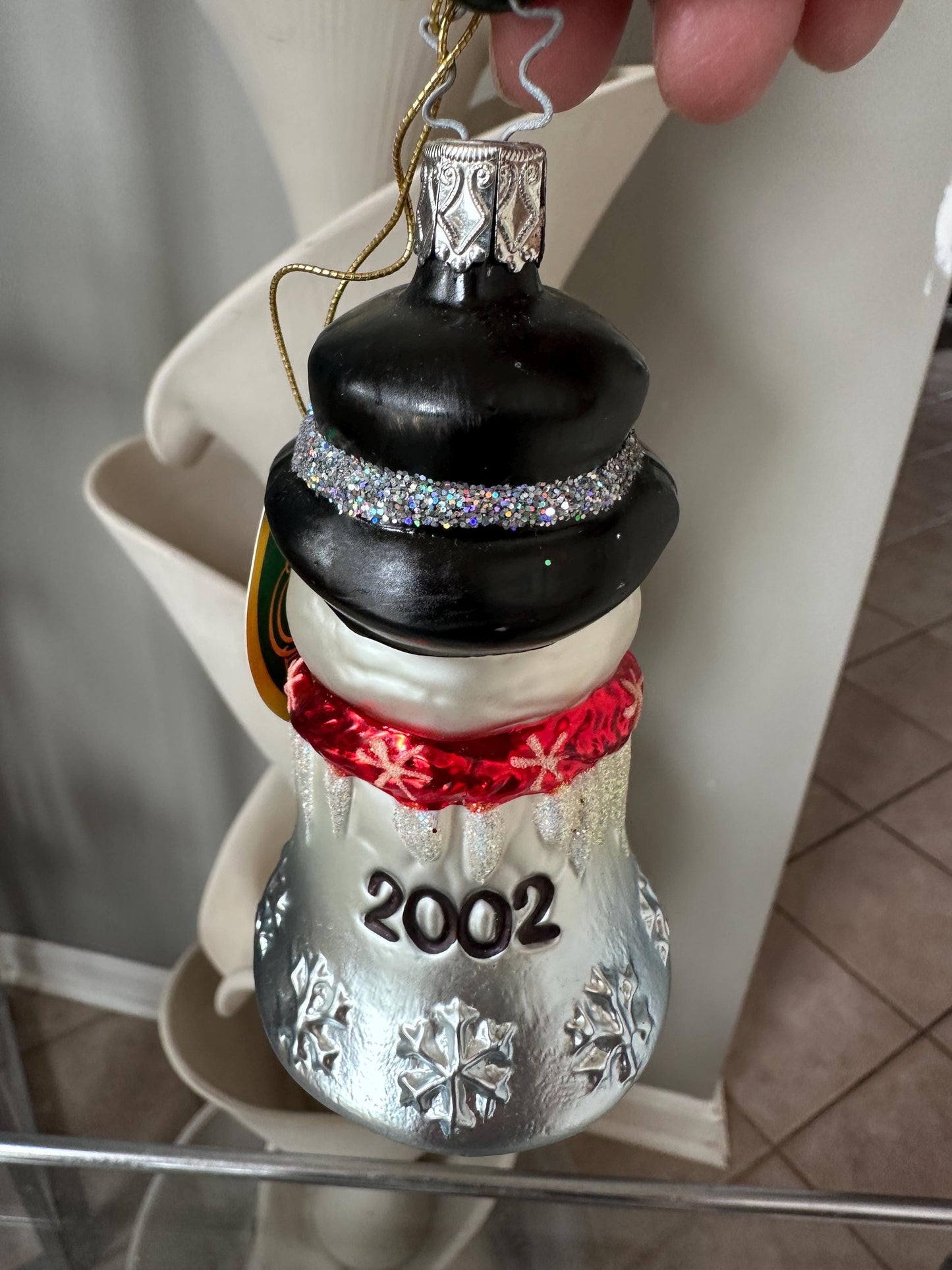 Inge-Glas 2002 Merry Christmas Snowman Bell Ornament | Hand-Blown German Glass w/ Clapper | Original Tag & Box | Holiday Collectible