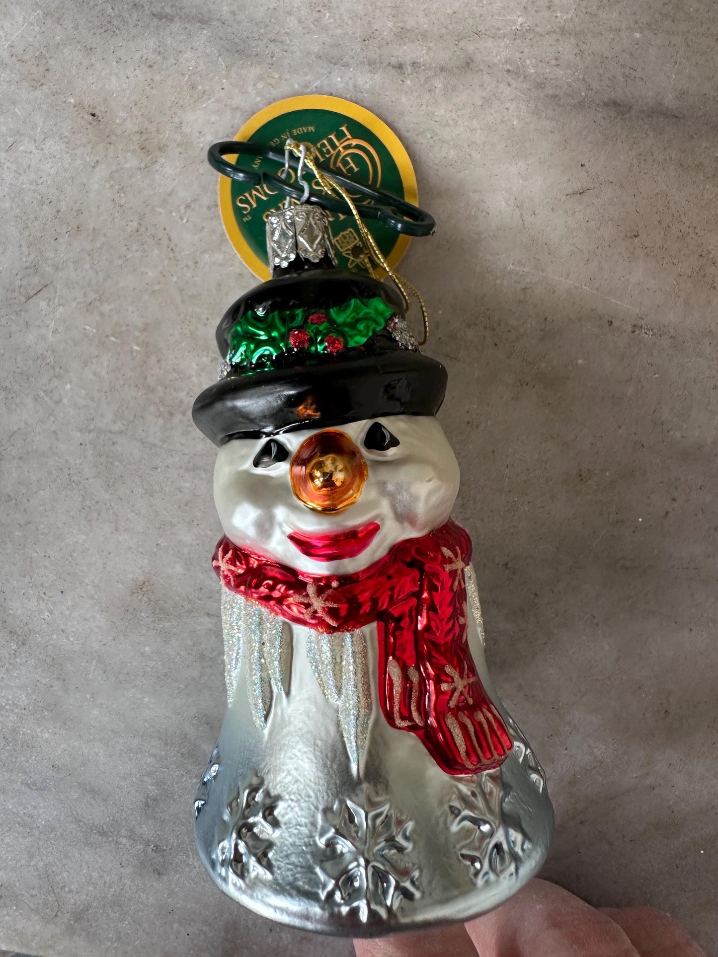 Inge-Glas 2002 Merry Christmas Snowman Bell Ornament | Hand-Blown German Glass w/ Clapper | Original Tag & Box | Holiday Collectible
