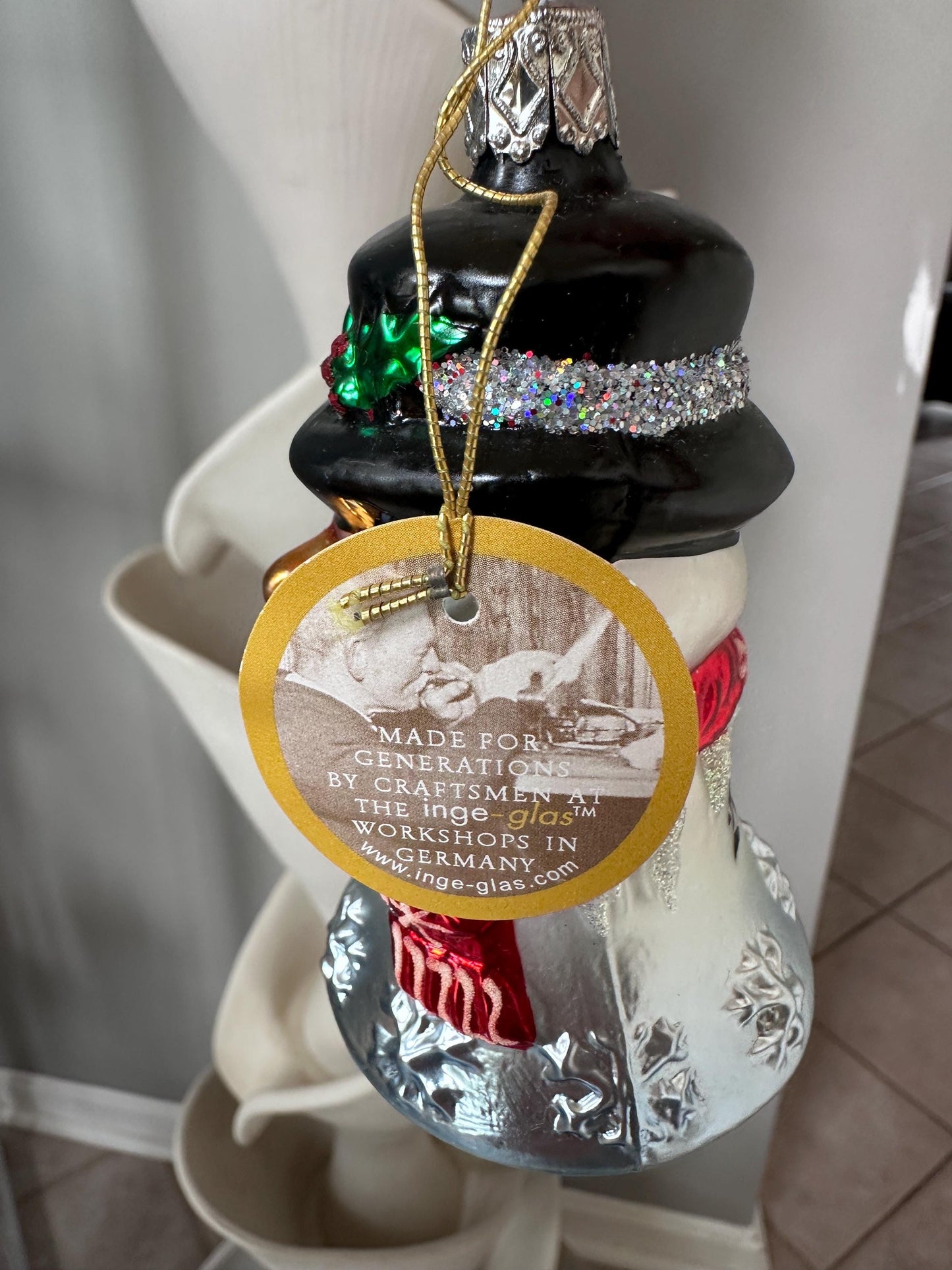 Inge-Glas 2002 Merry Christmas Snowman Bell Ornament | Hand-Blown German Glass w/ Clapper | Original Tag & Box | Holiday Collectible