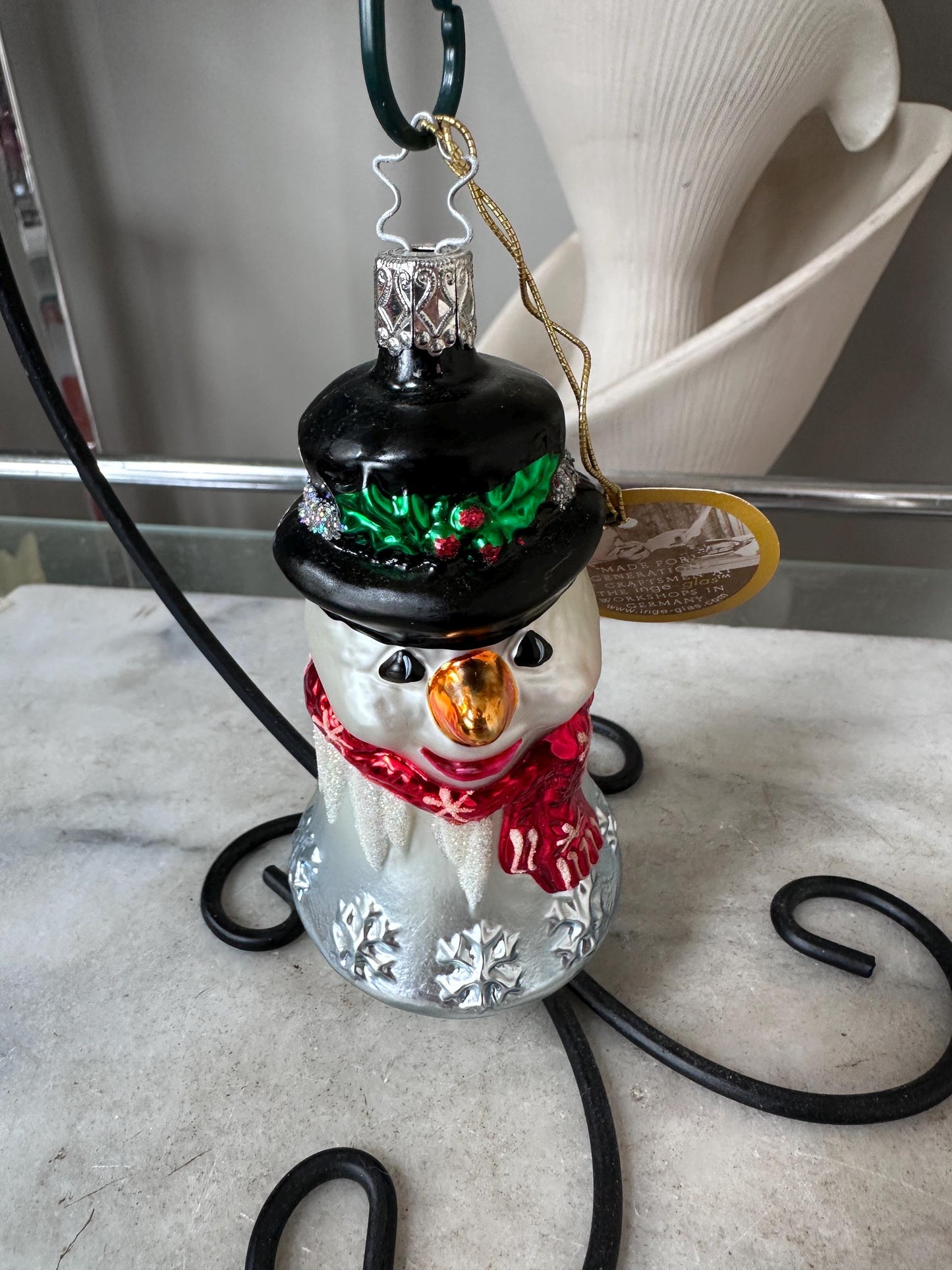 Inge-Glas 2002 Merry Christmas Snowman Bell Ornament | Hand-Blown German Glass w/ Clapper | Original Tag & Box | Holiday Collectible
