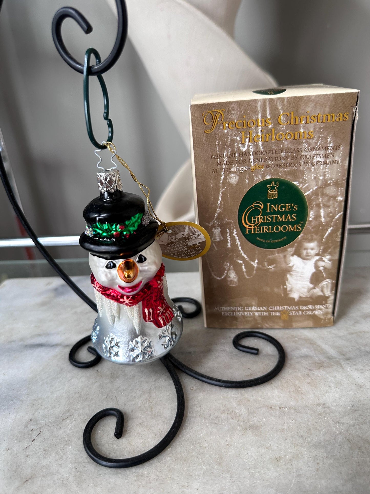 Inge-Glas 2002 Merry Christmas Snowman Bell Ornament | Hand-Blown German Glass w/ Clapper | Original Tag & Box | Holiday Collectible