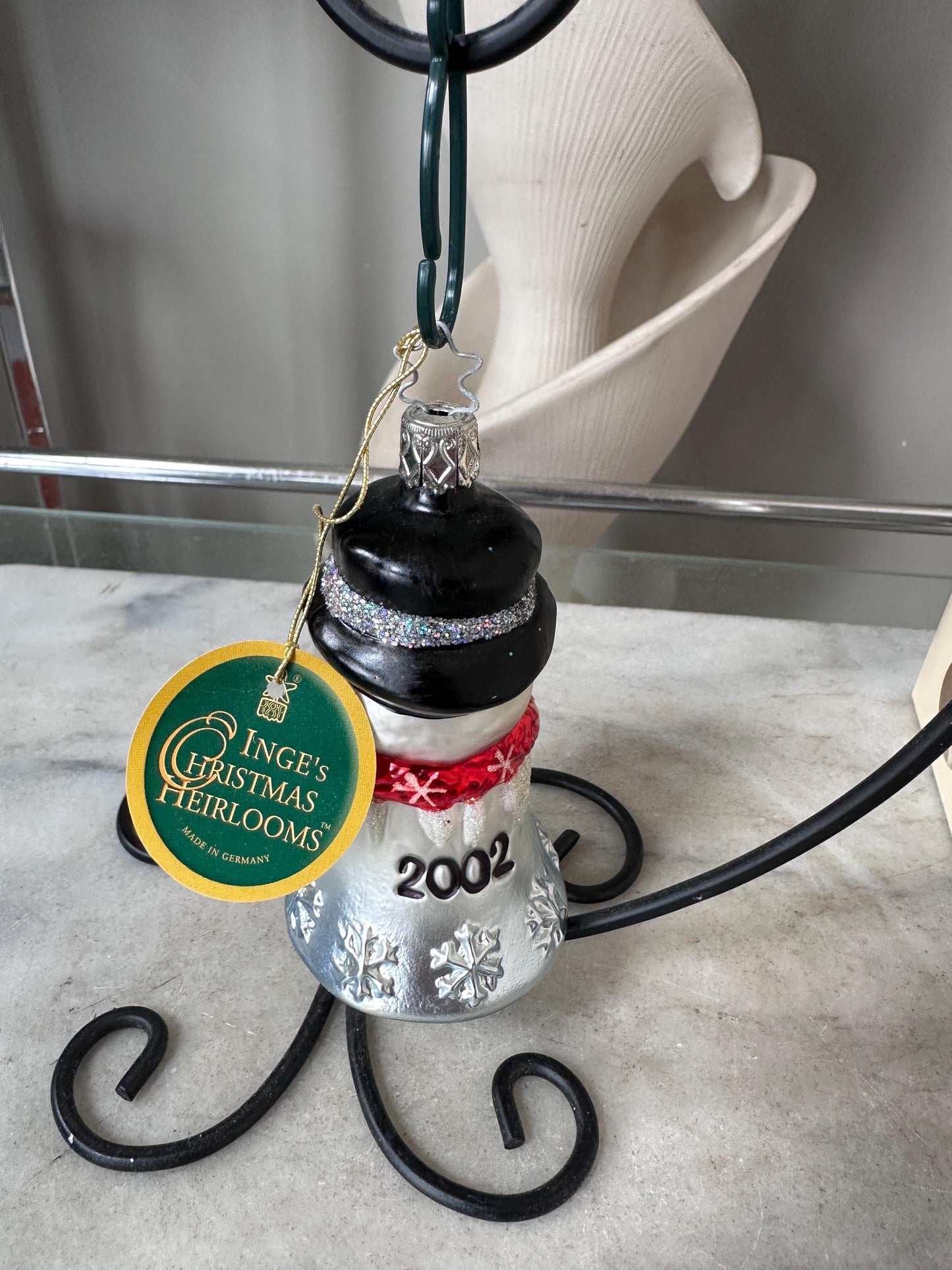 Inge-Glas 2002 Merry Christmas Snowman Bell Ornament | Hand-Blown German Glass w/ Clapper | Original Tag & Box | Holiday Collectible