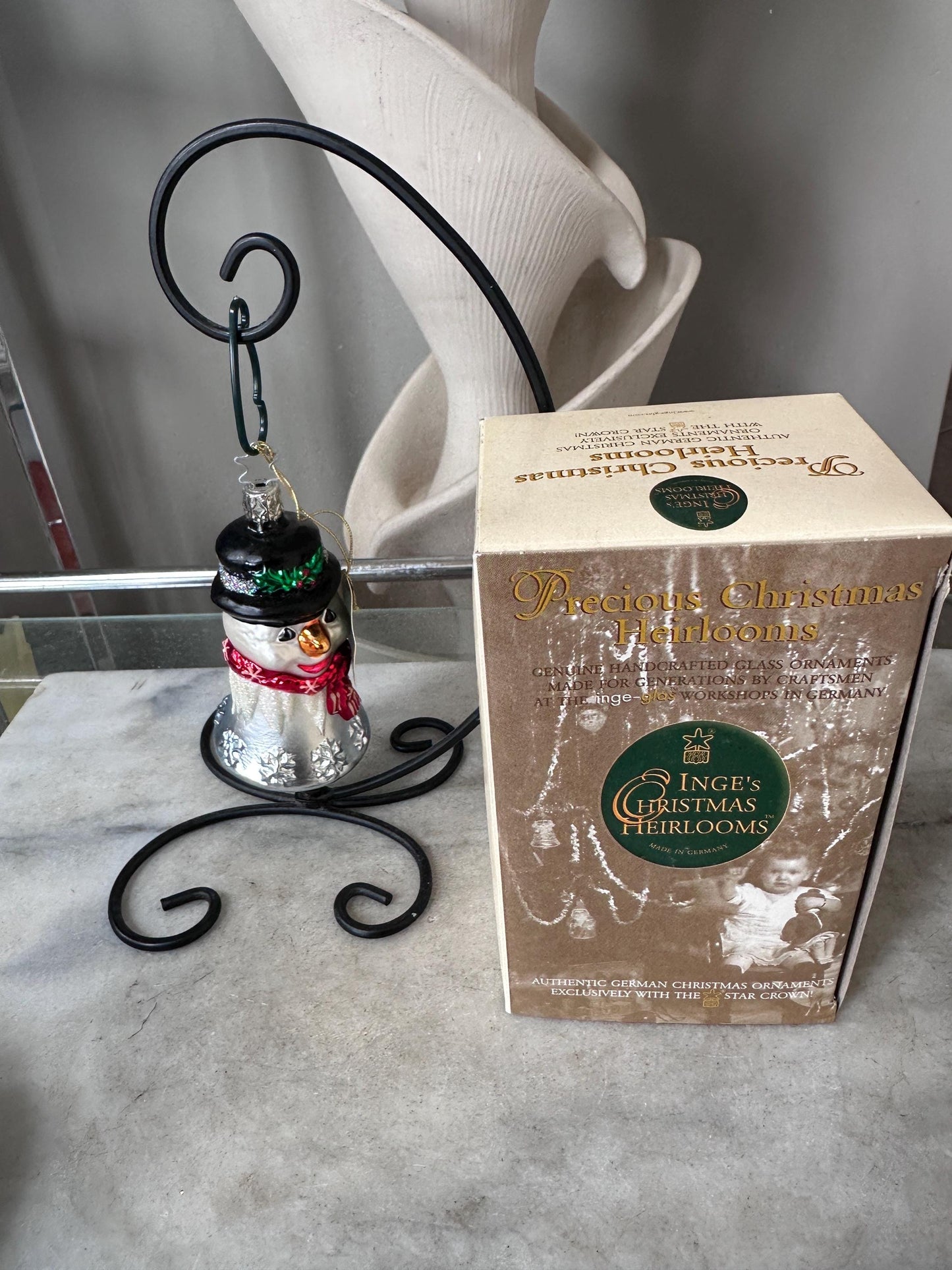 Inge-Glas 2002 Merry Christmas Snowman Bell Ornament | Hand-Blown German Glass w/ Clapper | Original Tag & Box | Holiday Collectible