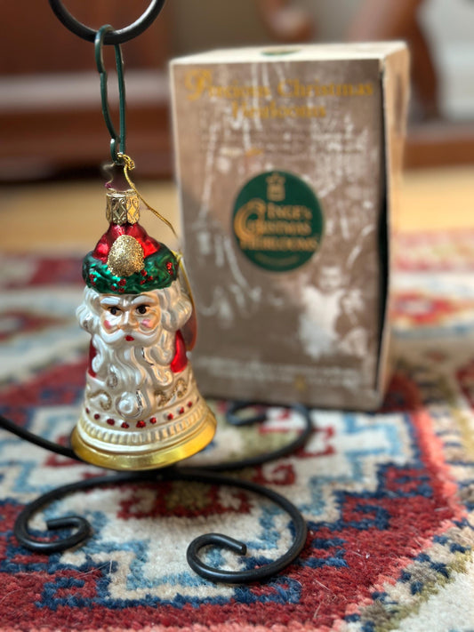 Inge-Glas 2001 Christmas Santa Bell Ornament | Hand-Blown German Glass w/ Clapper | Original Tag & Box | Holiday Collectible