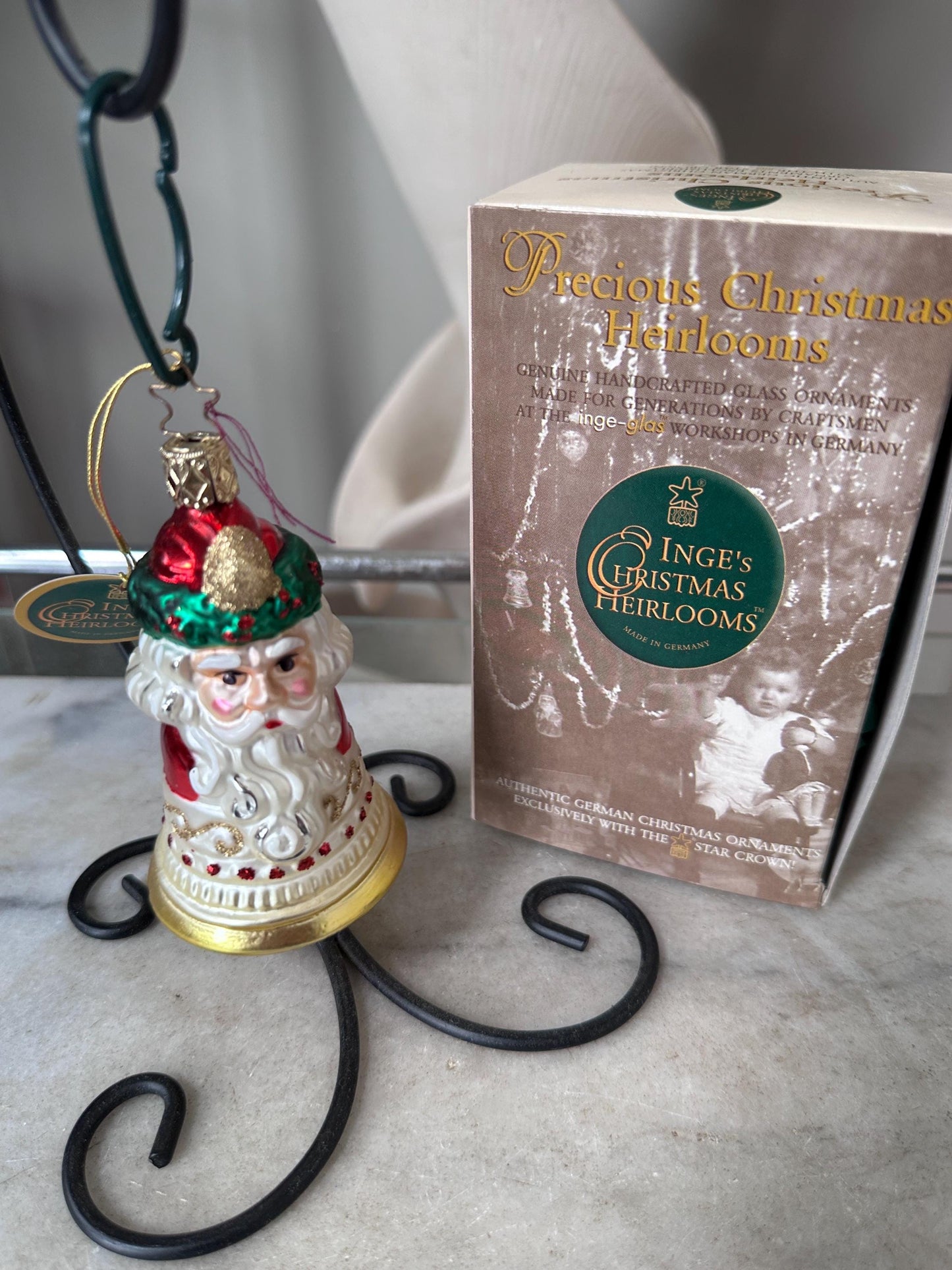 Inge-Glas 2001 Christmas Santa Bell Ornament | Hand-Blown German Glass w/ Clapper | Original Tag & Box | Holiday Collectible