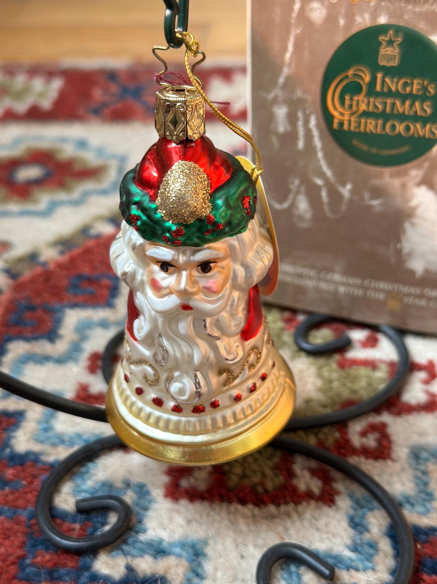 Inge-Glas 2001 Christmas Santa Bell Ornament | Hand-Blown German Glass w/ Clapper | Original Tag & Box | Holiday Collectible