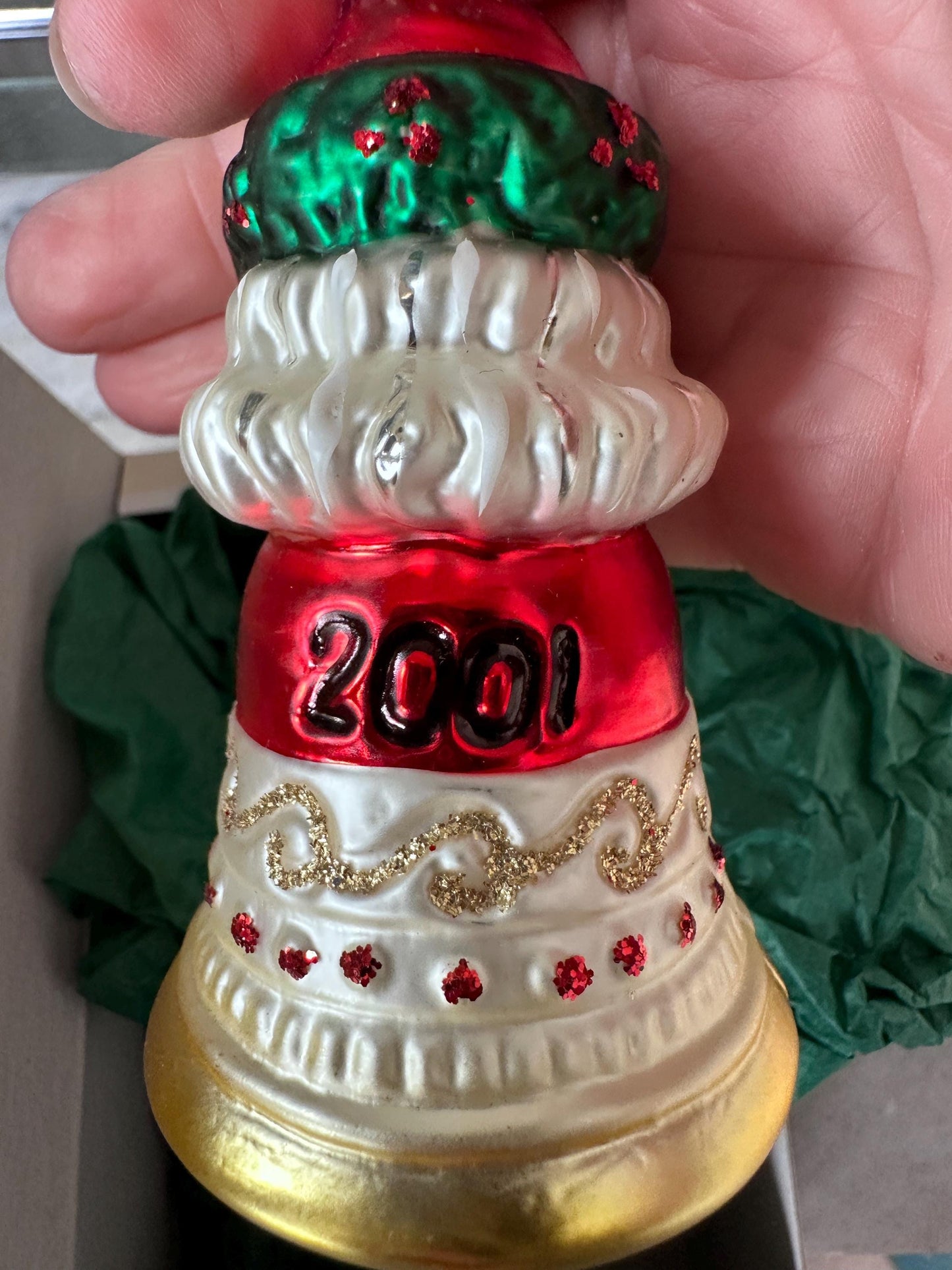 Inge-Glas 2001 Christmas Santa Bell Ornament | Hand-Blown German Glass w/ Clapper | Original Tag & Box | Holiday Collectible