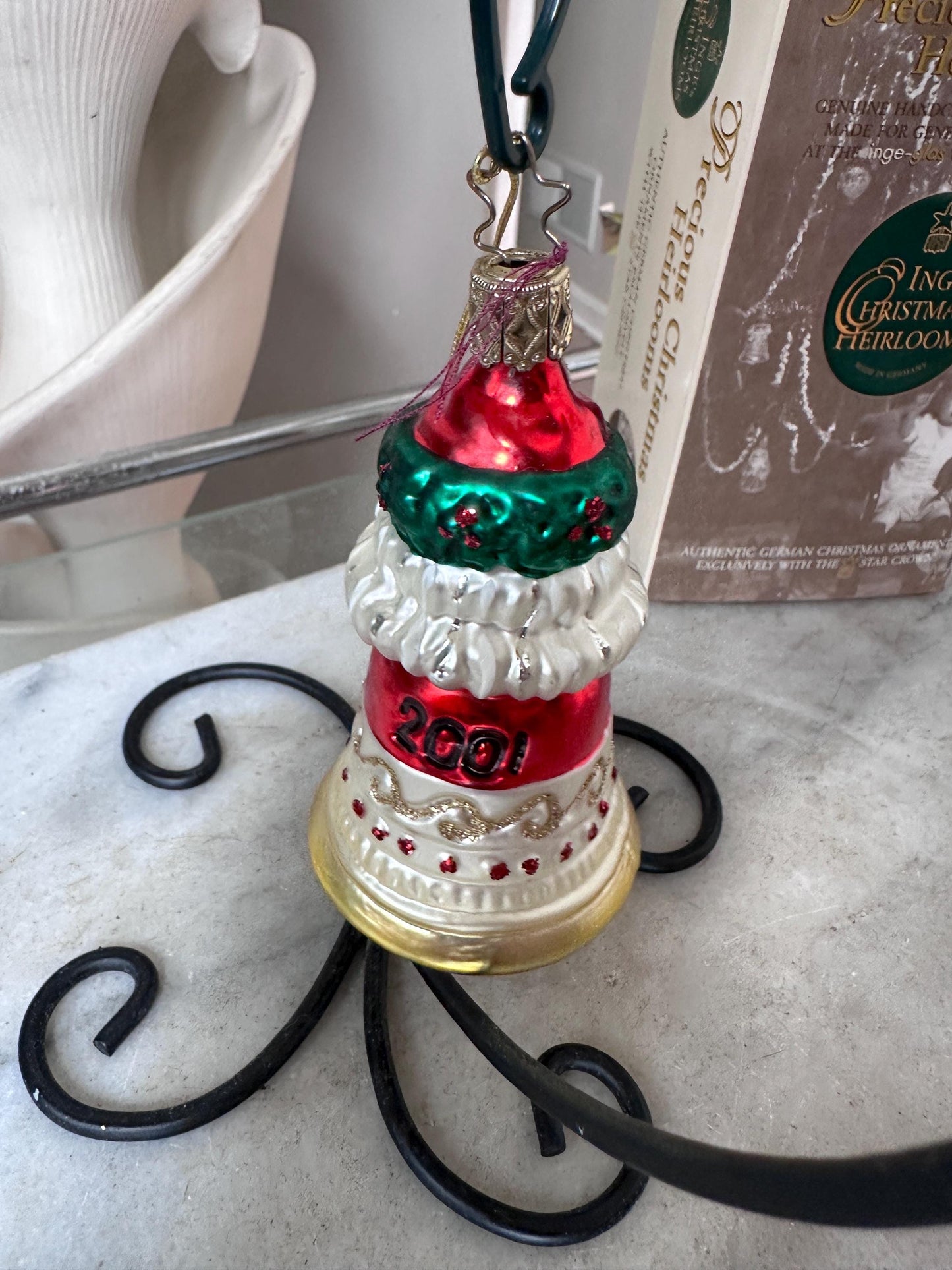 Inge-Glas 2001 Christmas Santa Bell Ornament | Hand-Blown German Glass w/ Clapper | Original Tag & Box | Holiday Collectible
