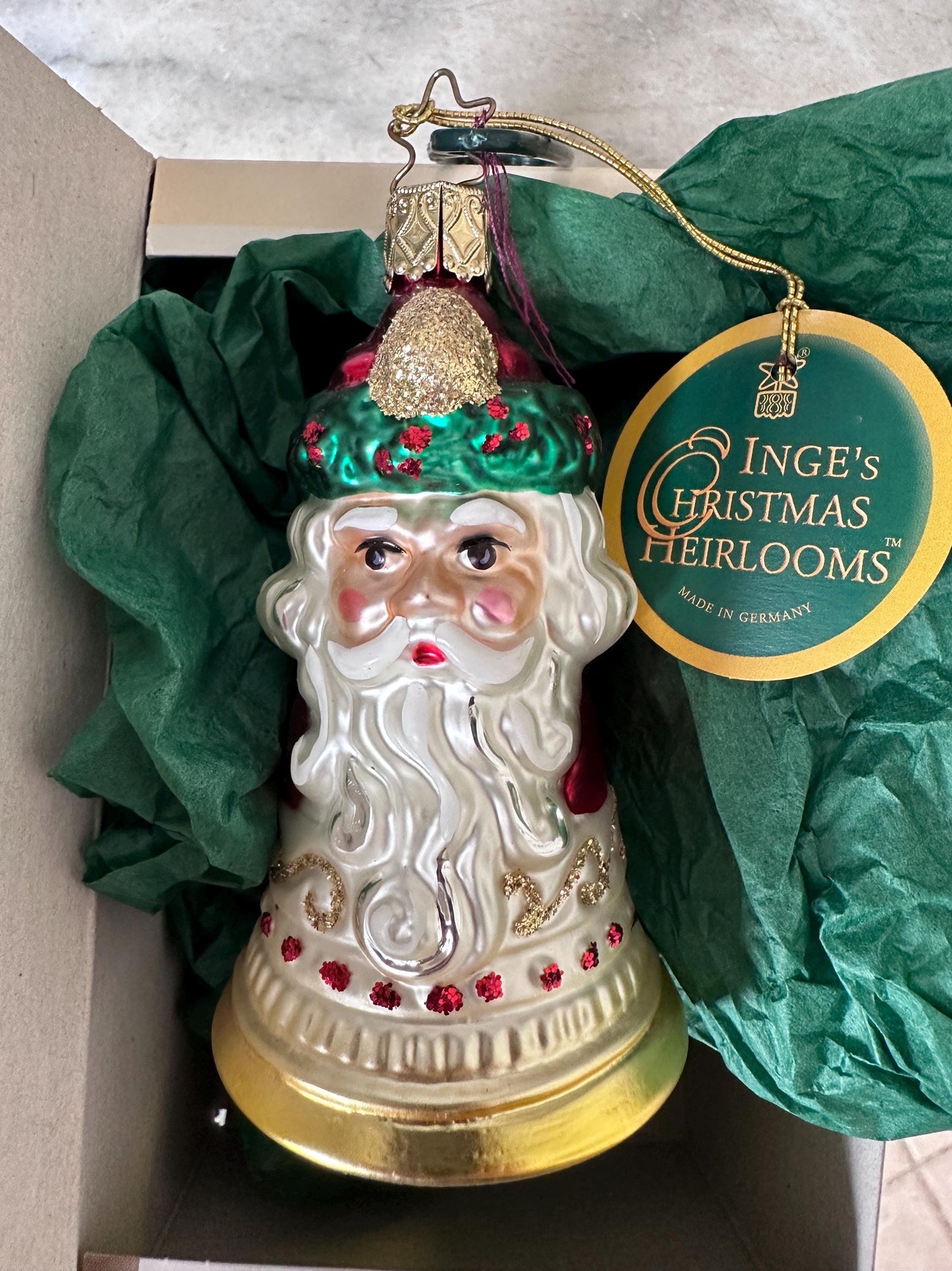 Inge-Glas 2001 Christmas Santa Bell Ornament | Hand-Blown German Glass w/ Clapper | Original Tag & Box | Holiday Collectible