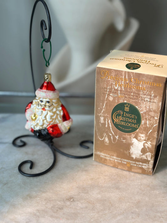 Vintage Inge’s Christmas Heirlooms Glass Santa Ornament | Handcrafted in Germany | Original Box | Collectible Holiday Decor | 4” x 3”