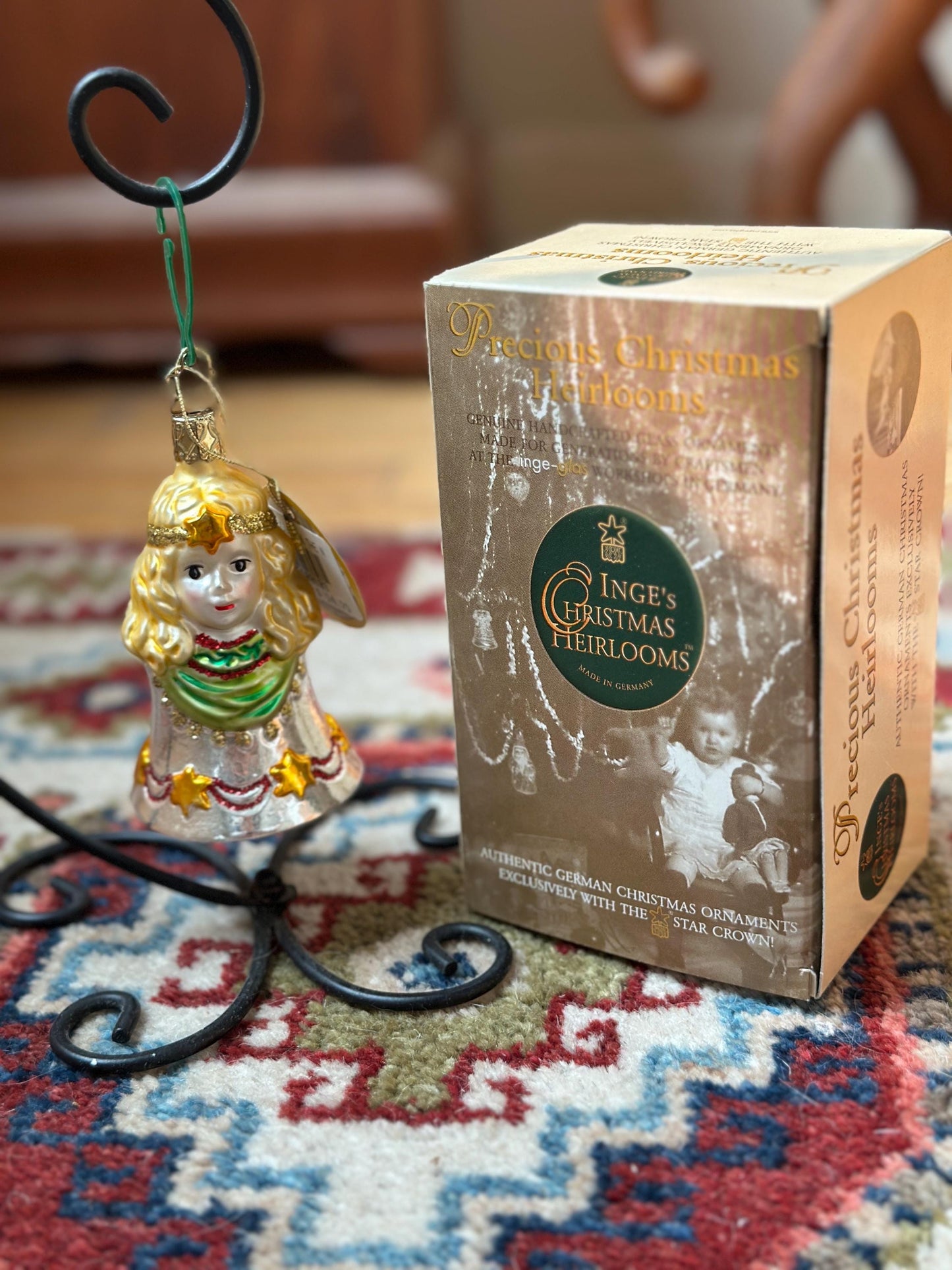Inge-Glas 2003 Christmas Angel Bell Ornament | Hand-Blown German Glass w/ Clapper | Original Tag & Box | Holiday Collectible