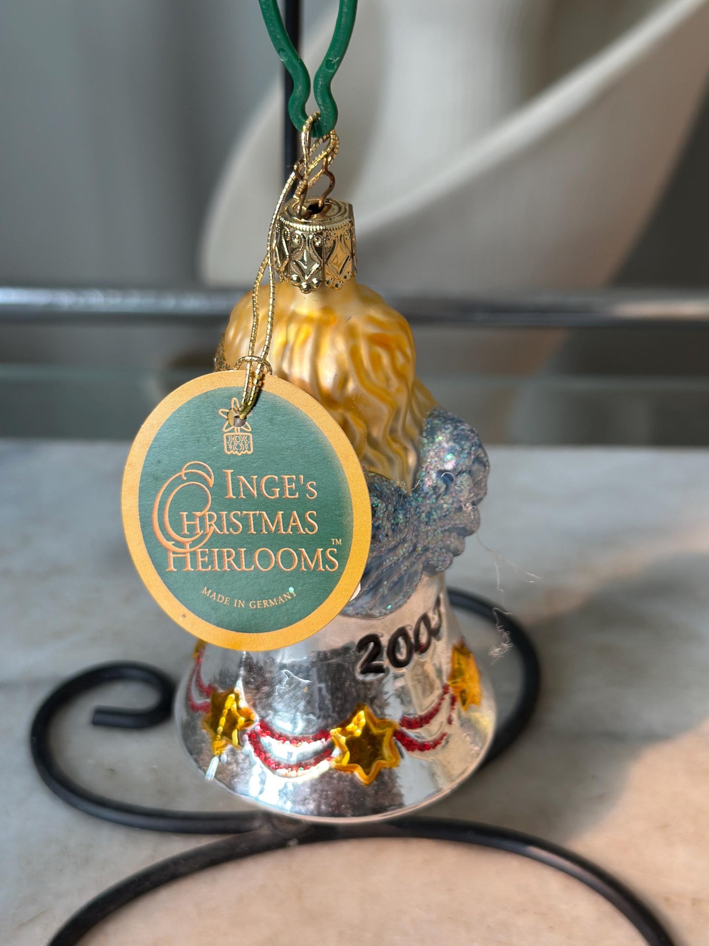 Inge-Glas 2003 Christmas Angel Bell Ornament | Hand-Blown German Glass w/ Clapper | Original Tag & Box | Holiday Collectible
