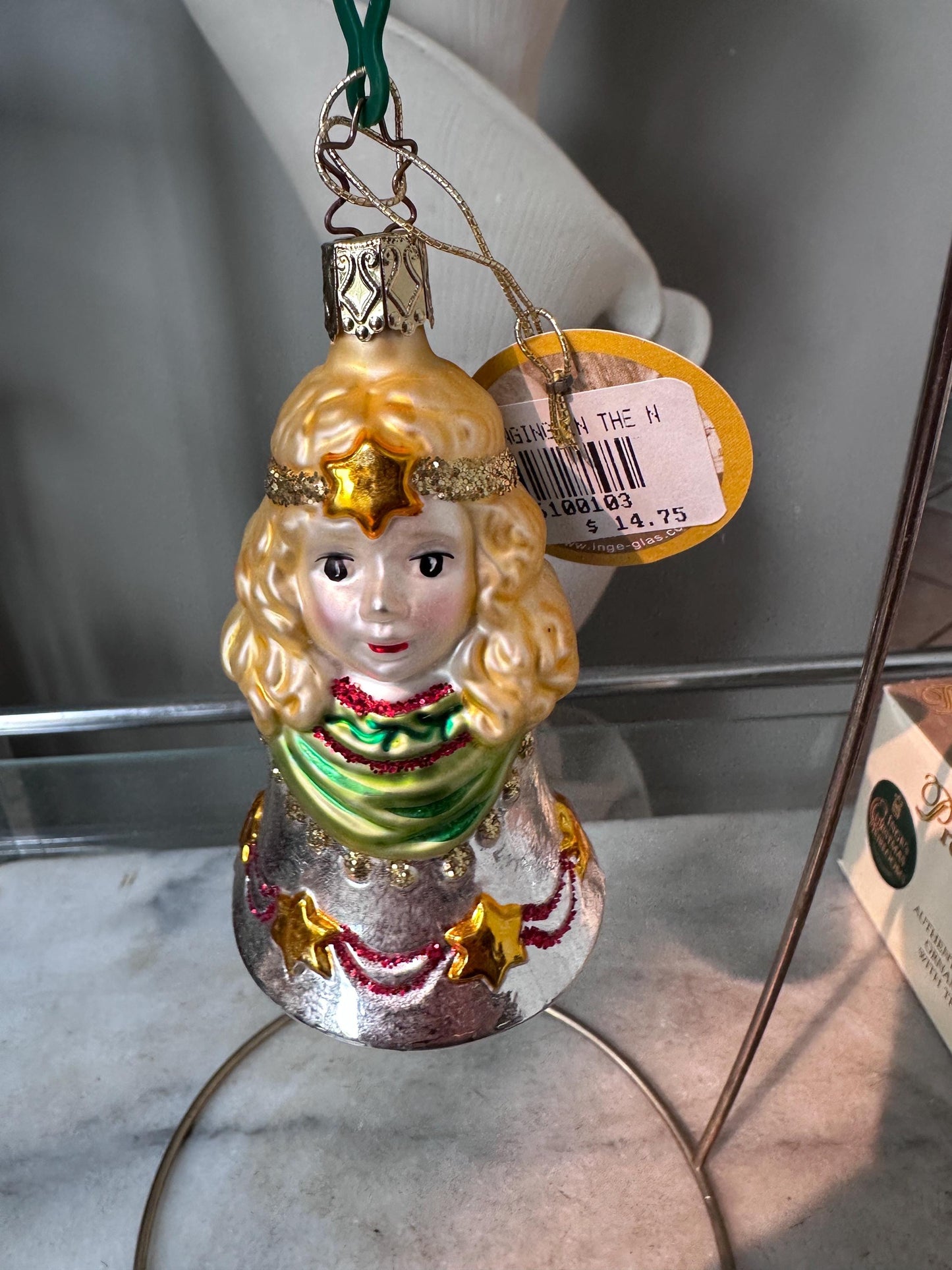 Inge-Glas 2003 Christmas Angel Bell Ornament | Hand-Blown German Glass w/ Clapper | Original Tag & Box | Holiday Collectible