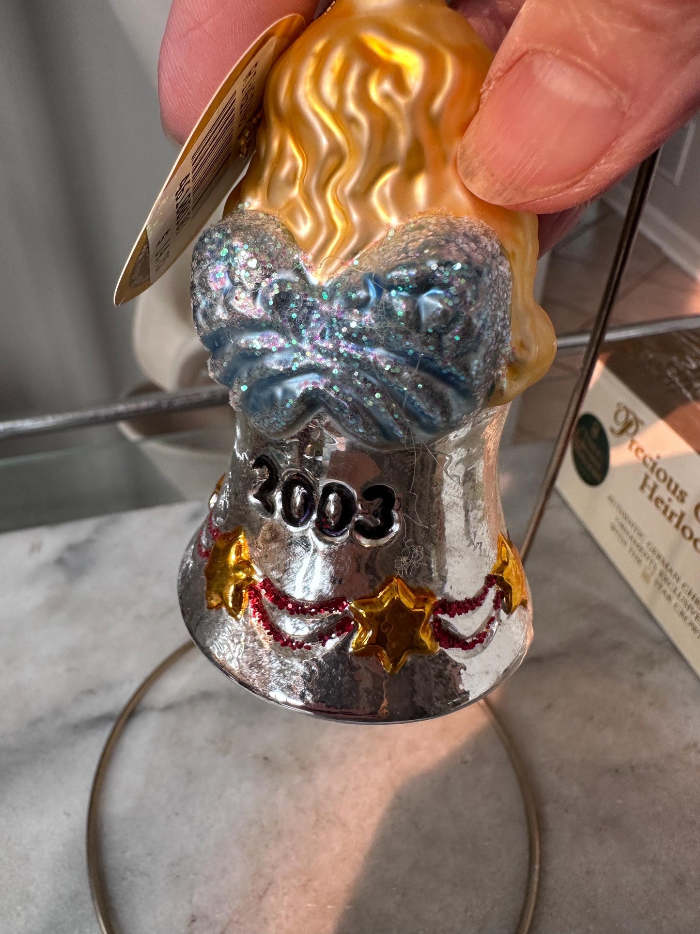 Inge-Glas 2003 Christmas Angel Bell Ornament | Hand-Blown German Glass w/ Clapper | Original Tag & Box | Holiday Collectible