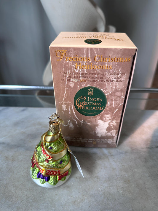Inge-Glas 2005 Merry Christmas Tree Bell Ornament | Hand-Blown German Glass w/ Clapper | Original Tag & Box | Holiday Collectible