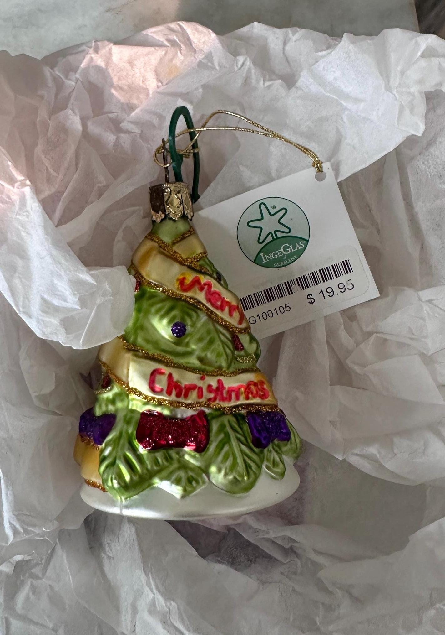 Inge-Glas 2005 Merry Christmas Tree Bell Ornament | Hand-Blown German Glass w/ Clapper | Original Tag & Box | Holiday Collectible