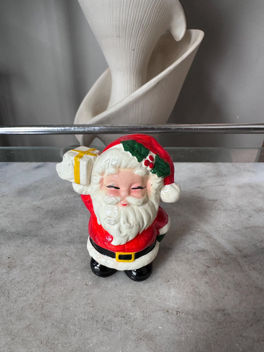 Vintage Santa Claus Figurine Holly Berries Closed Eyes Christmas Decor | Kitschy Retro Santa Figure | Composite Material Holiday Collectible