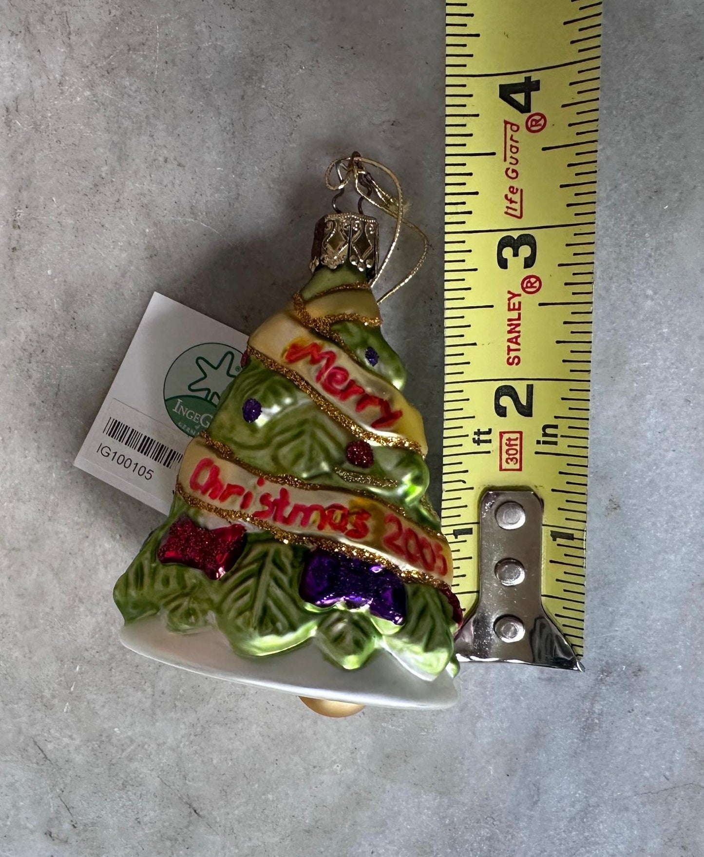 Inge-Glas 2005 Merry Christmas Tree Bell Ornament | Hand-Blown German Glass w/ Clapper | Original Tag & Box | Holiday Collectible