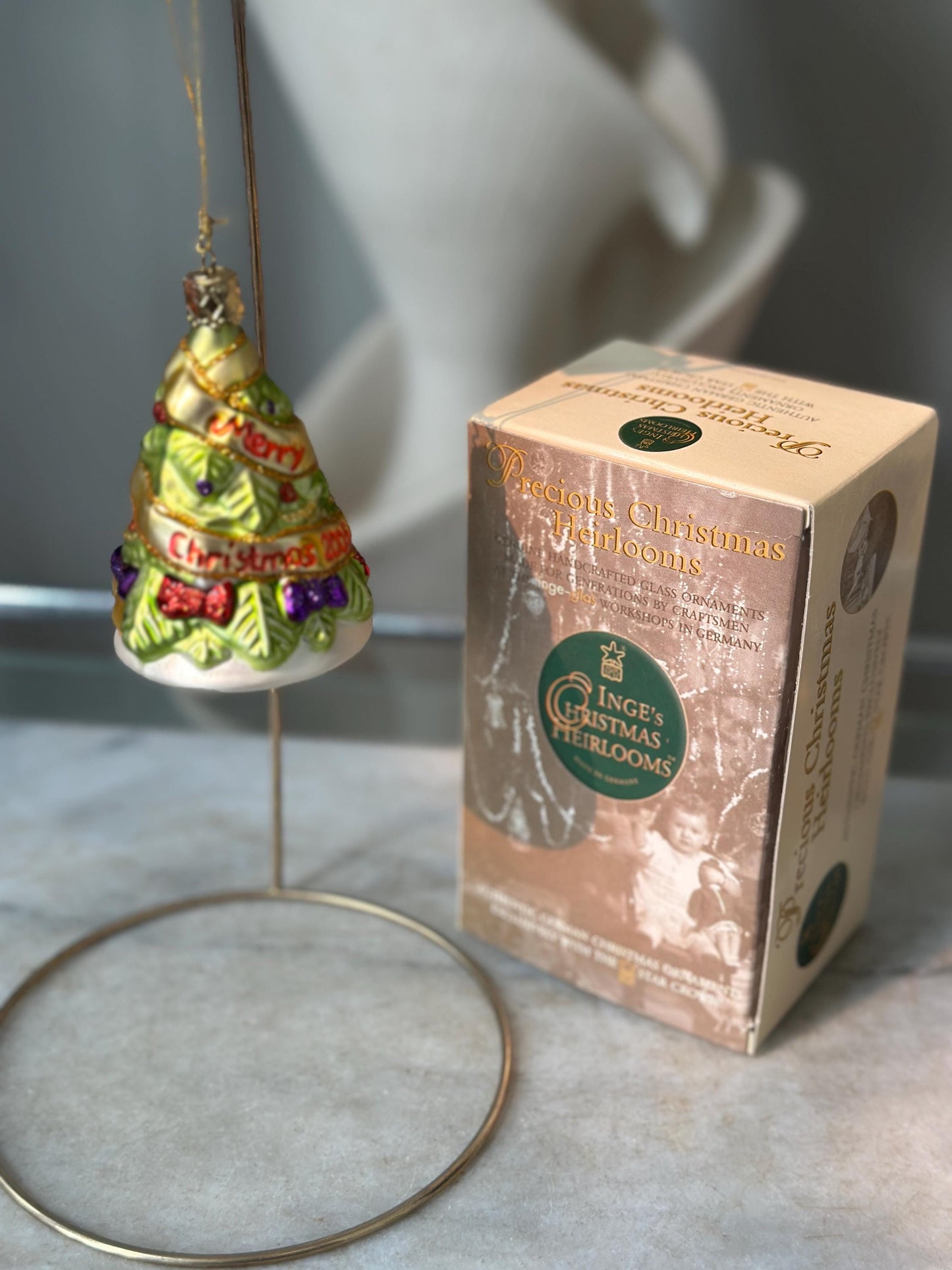 Inge-Glas 2005 Merry Christmas Tree Bell Ornament | Hand-Blown German Glass w/ Clapper | Original Tag & Box | Holiday Collectible